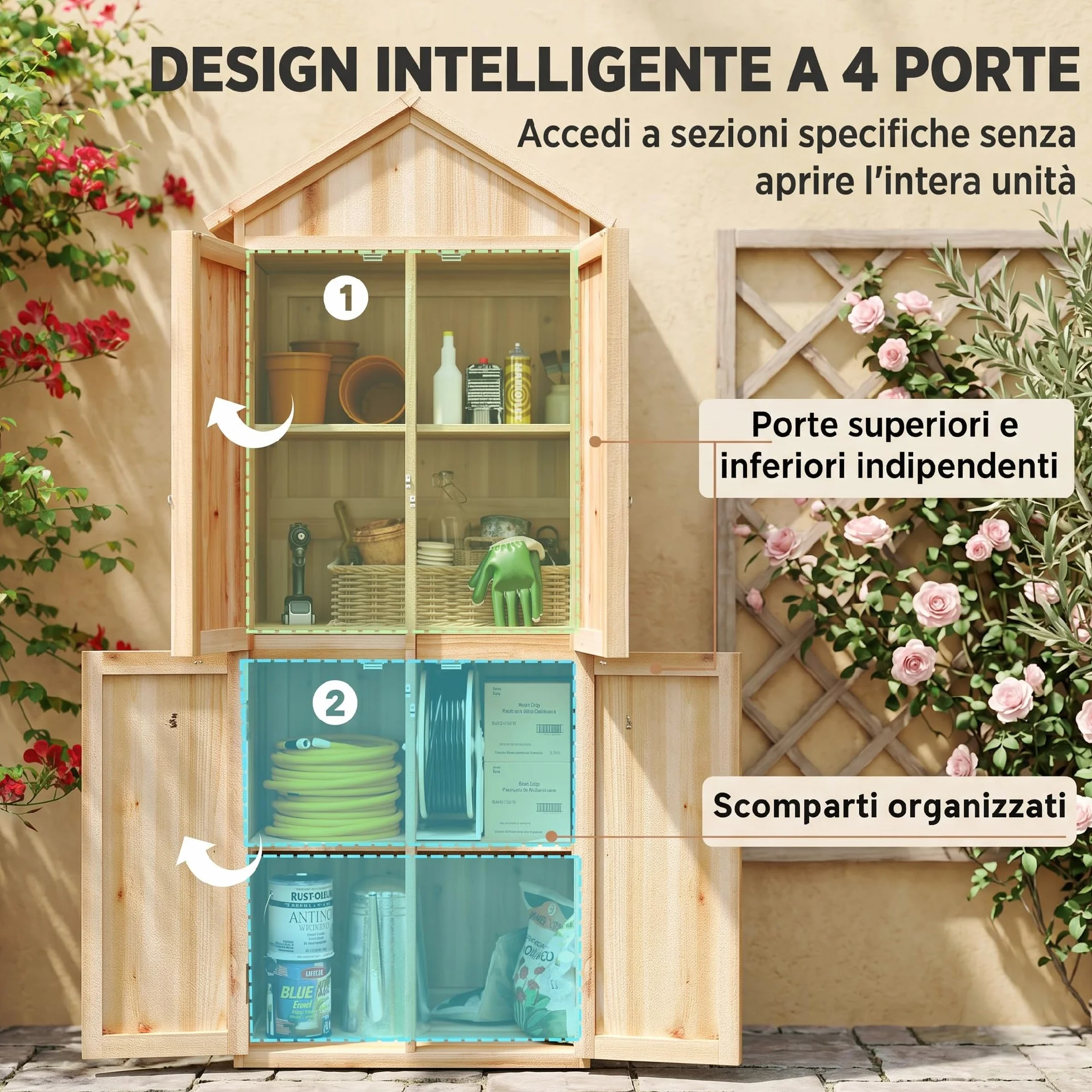 Outsunny Armadio da Giardino in Legno di Abete con Kit Antiribaltamento Casetta Porta Attrezzi da Esterno con Ripiani Rimovibili 4 Ante Bloccabili Tetto in Asfalto Inclinato 82x50x190 cm Color Legno
