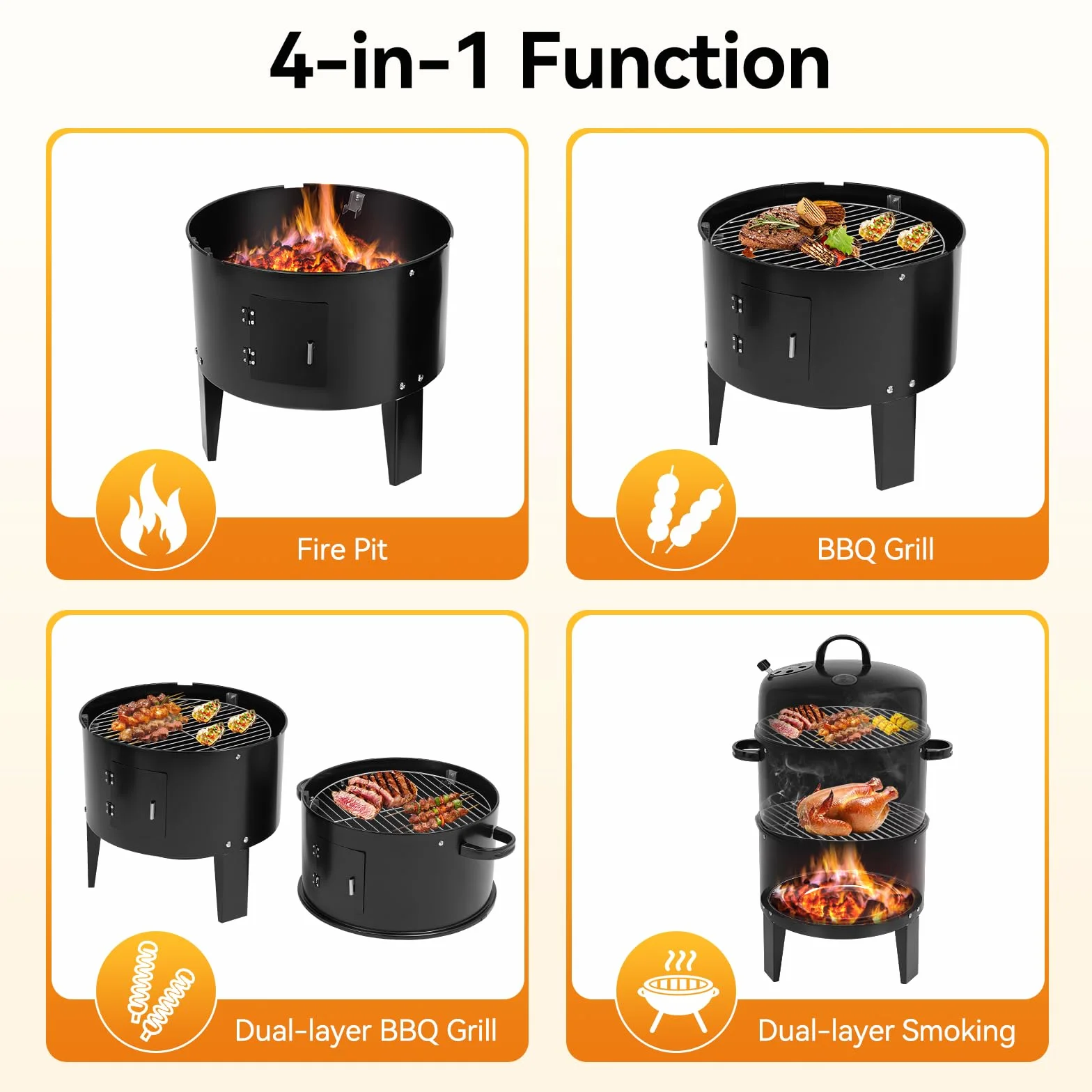 Affumicatore 3 in 1 84 cm Barbecue a Carbone di Legna con Termometro