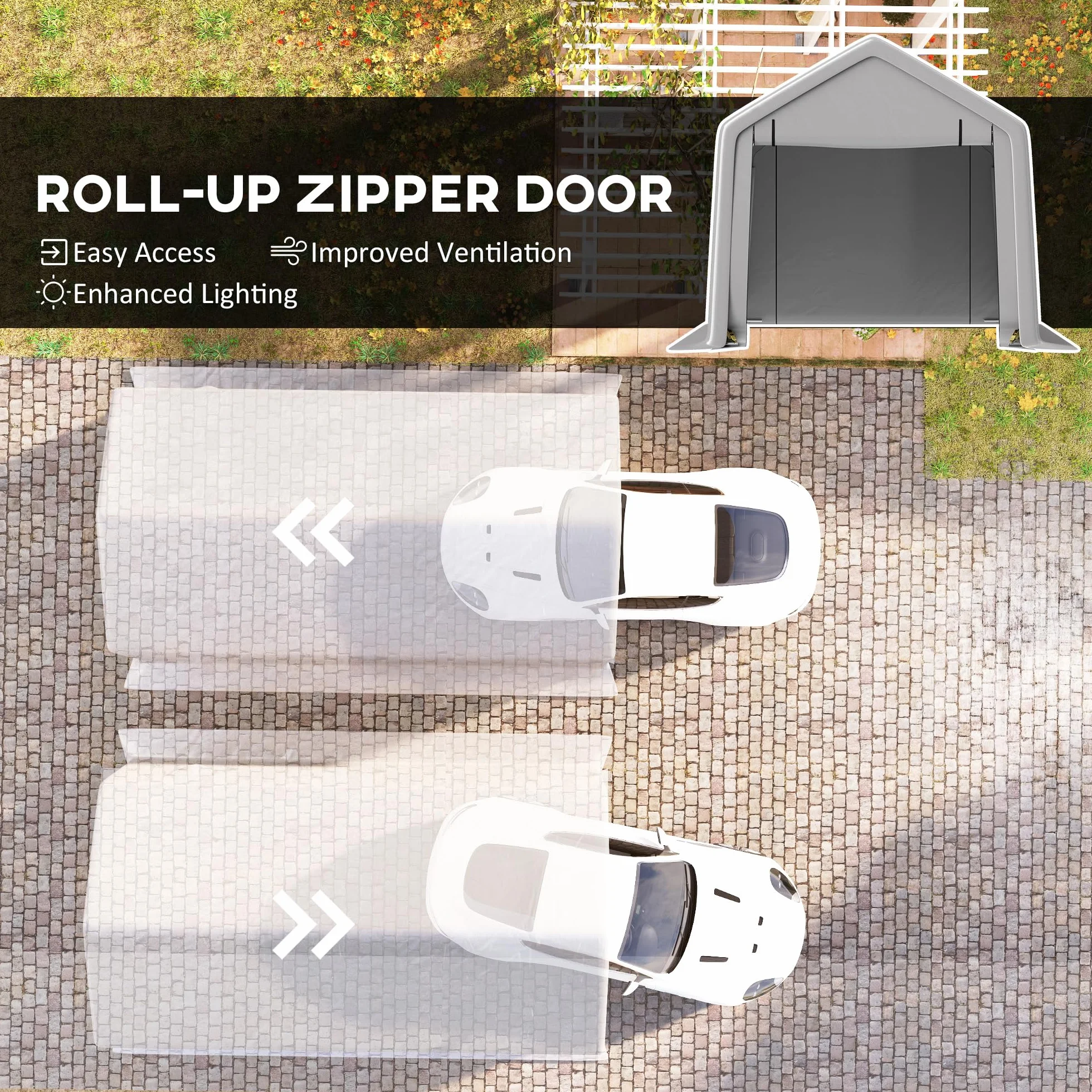 Outsunny Carport tenda da garage 3 x 5,2 m, tettoia per auto all'aperto, tenda di stoccaggio con porta avvolgibile rimovibile, tettoia per auto, camion, barca, grigio
