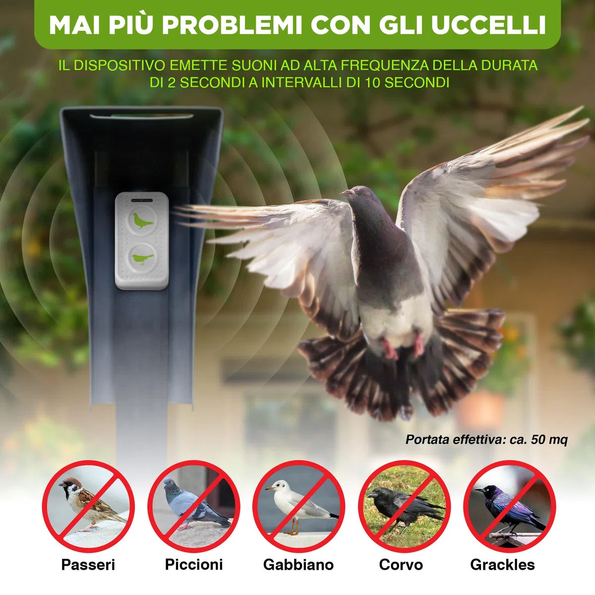 ISOTRONIC dissuasore uccelli ultrasuoni piccioni passeri gabbiani corvi batteria balconi tetti giardini raggio 50m² 2 unità efficace esterno protezione difesa stop volatili ecologico mobile casa