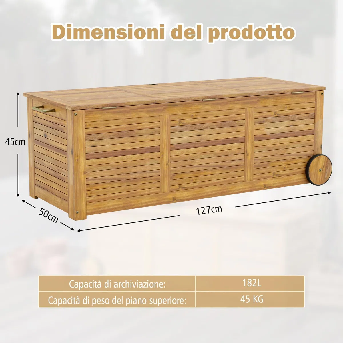 RELAX4LIFE Panca Baule182 L in Legno di Acacia con Ruote e Maniglie, Contenitore Portatutto da Interno Esterno, Cassapanca Contenitore da Interno,127x20x45cm