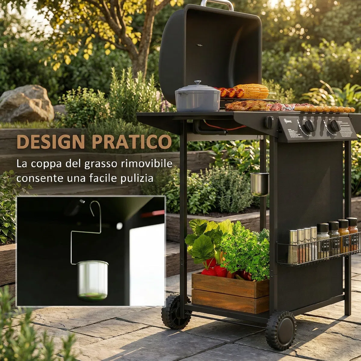Outsunny Barbecue a Gas 7kW 2+1 Bruciatori con Coperchio, Termometro, Tavolino Laterale, Nero