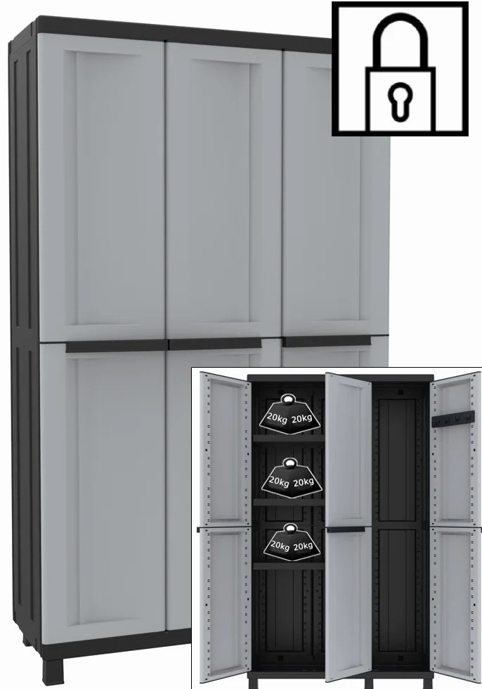 Terry - Twist Black 102a, Armadio Multifunzione a 3 Ante, Portascope con 2 Vani Separati, da Esterno e Interno Coperto, in Plastica, 102x39x170 cm