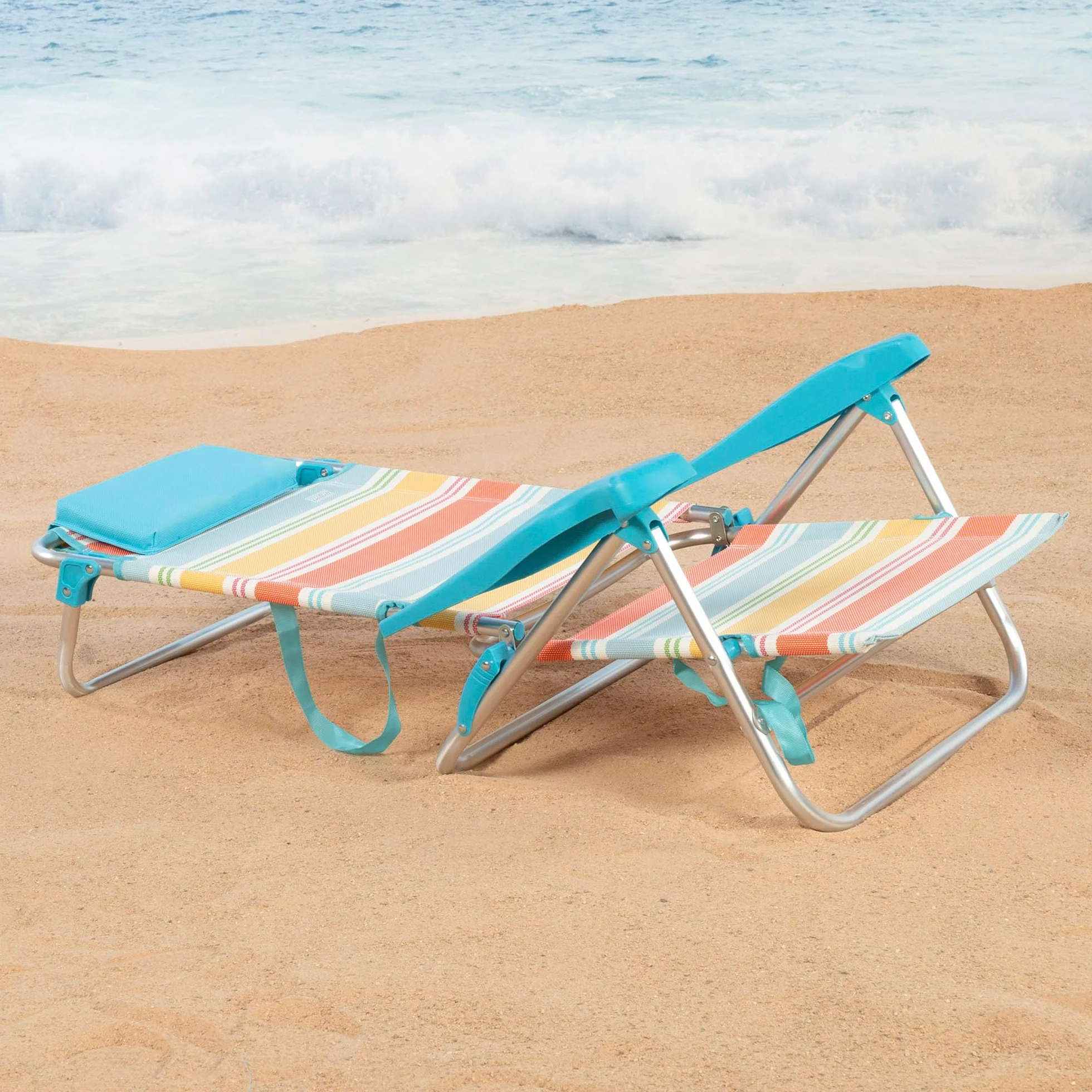 AKTIVE Set di 2 sedie da spiaggia pieghevoli, 50x48x80 cm, reclinabili in 7 posizioni, in alluminio e textilene a righe multicolor, con cuscino e maniglie, modello Santorini (62419)