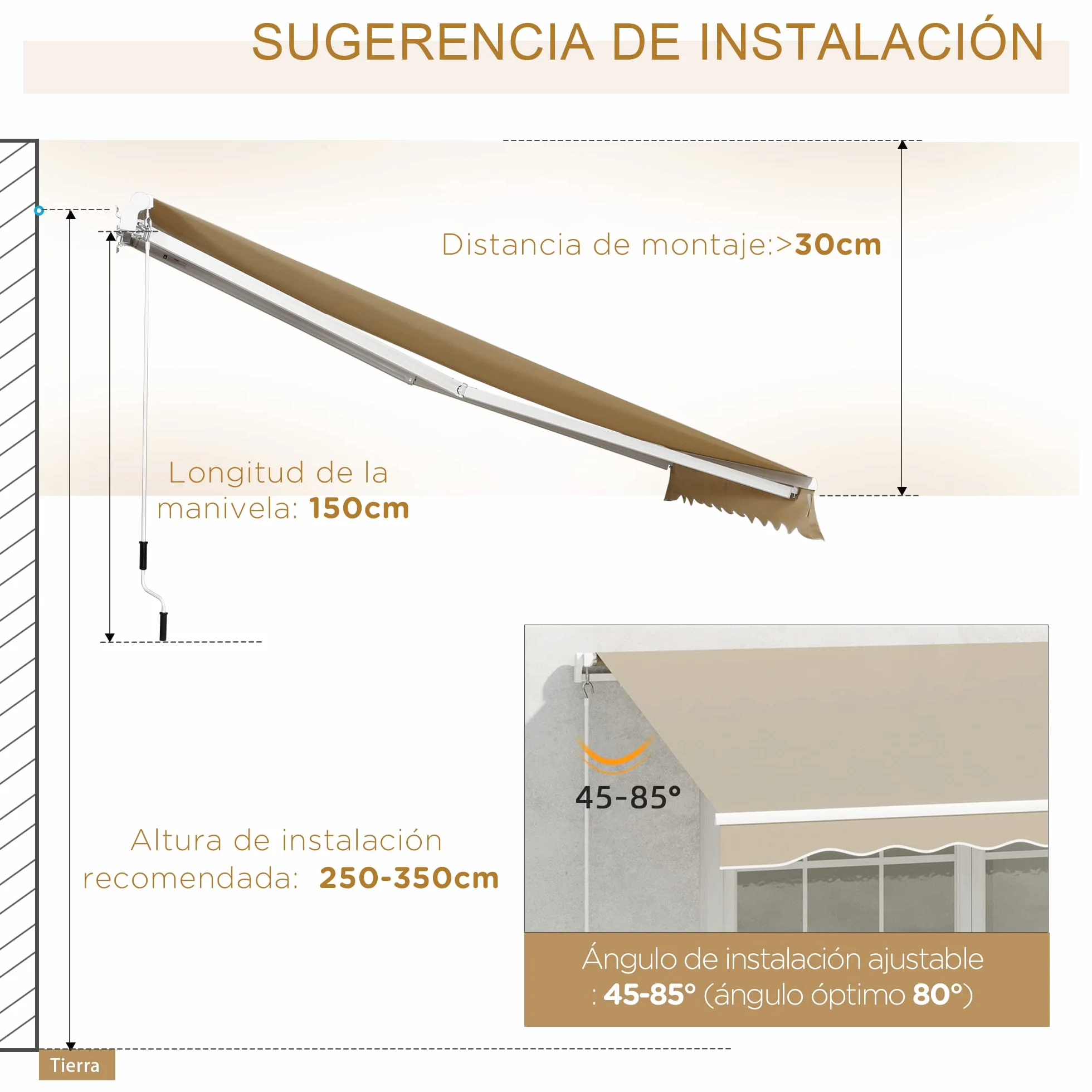 Outsunny Tenda da Sole 4x2.5 m con Braccio Avvolgibile, Tenda Parasole Esterno Alluminio Poliestere 280g/㎡, Protezione UV, Beige