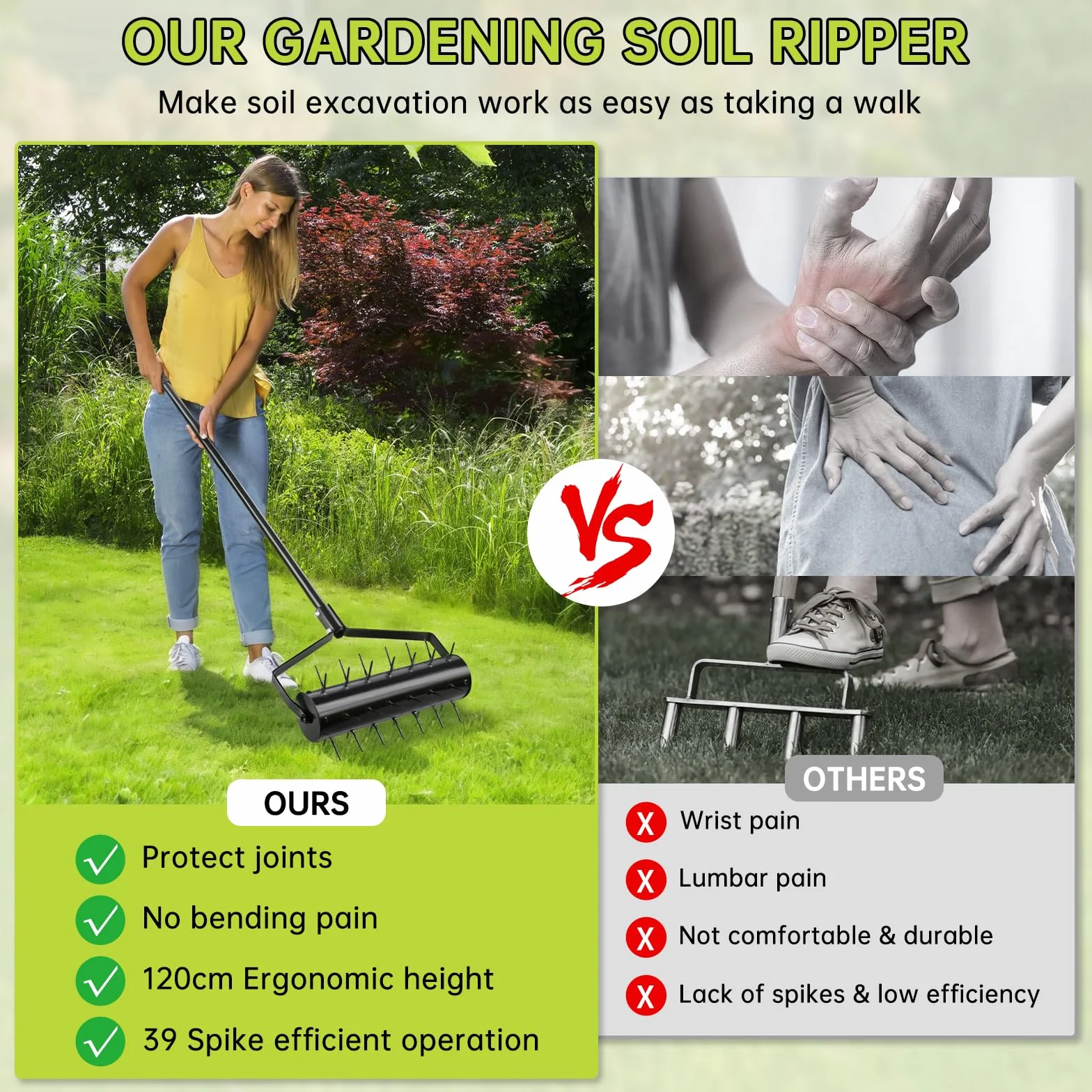 Arieggiatore Manuale a Rullo per Prato 44 x 141 cm – Verticutatore a Mano con 39 Punte (5,8 cm) e Manico – Rullo Arieggiatore – Diserbante per Giardino, Cortile, Terrazza