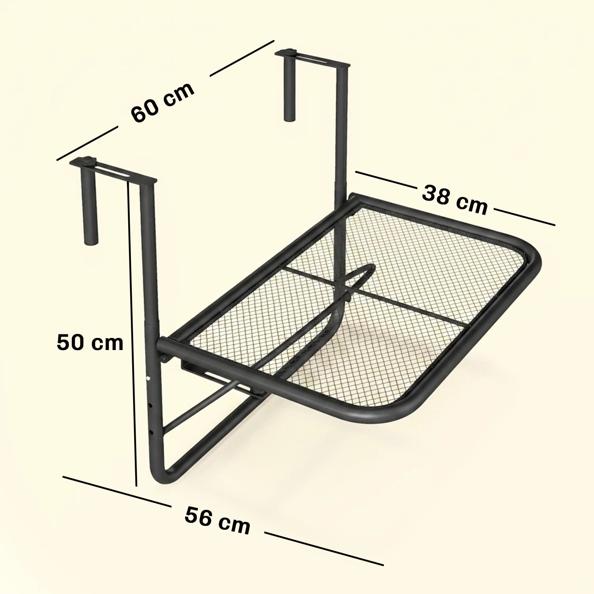 Outsunny Tavolino da Balcone Pieghevole in Metallo 3 Altezze Regolabili 60x56.5x45cm Nero