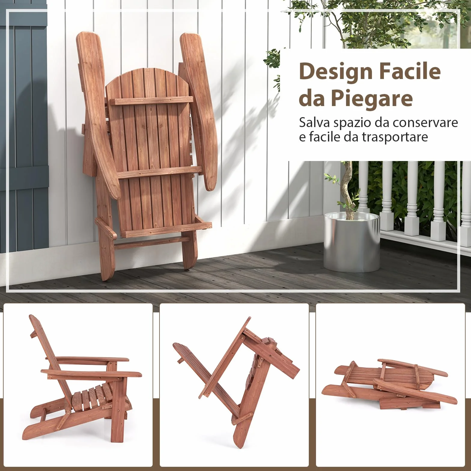 COSTWAY Sedia Adirondack Pieghevole, Sedia da Giardino in Legno di Abete, Poltrona Prendisole con Schienale Alto, Portata 180 kg, 89 x 71 x 94 cm (2, Marrone, 89 x 71 x 94 cm)