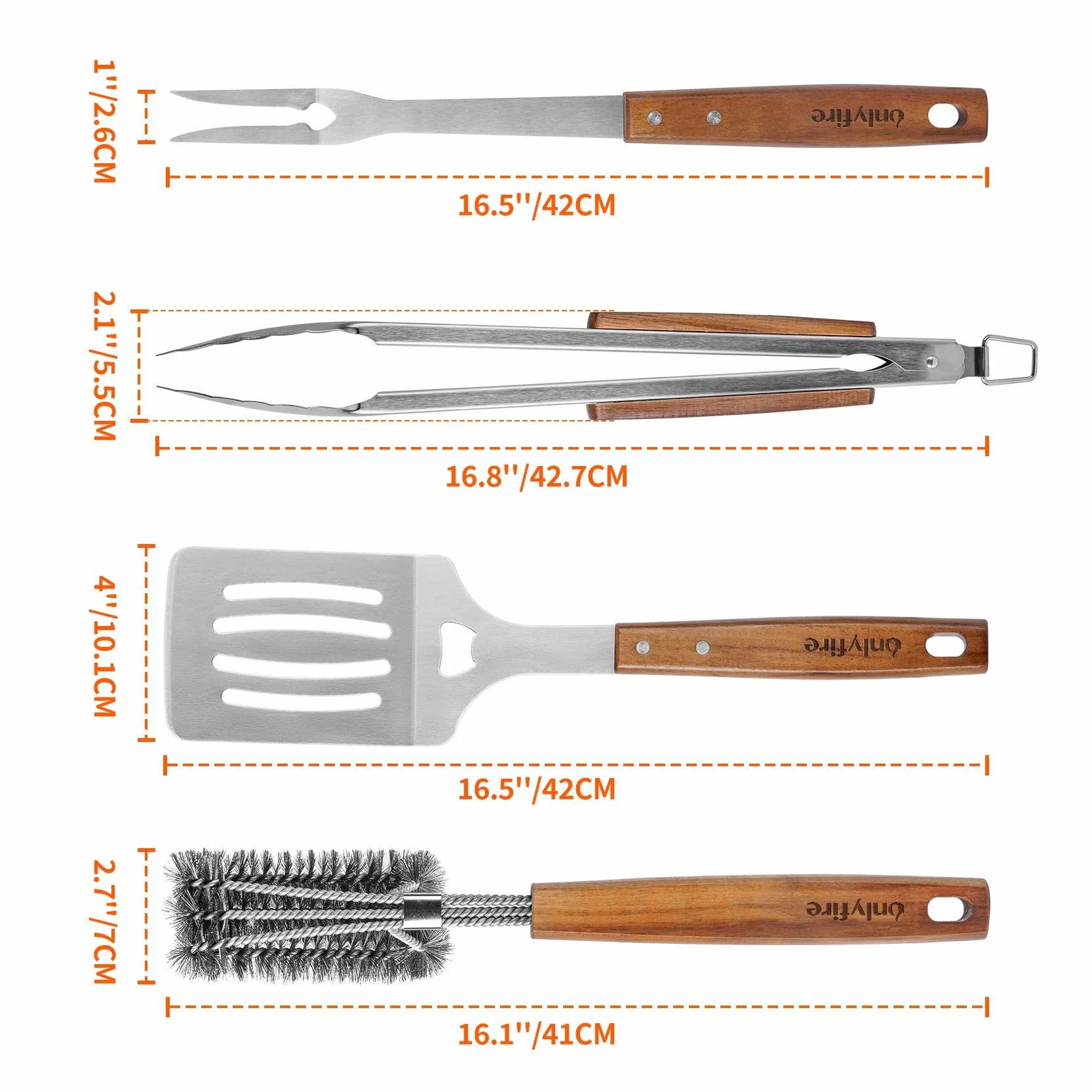 onlyfire Set di Attrezzi per Il Barbecue da 4 Pezzi, Spatola per Piastra Forata, Pinze da Cucina, Forchetta per Grill e Spazzola per Barbecue, Utensili Professionali per Grigliate e Cucina All'aperto