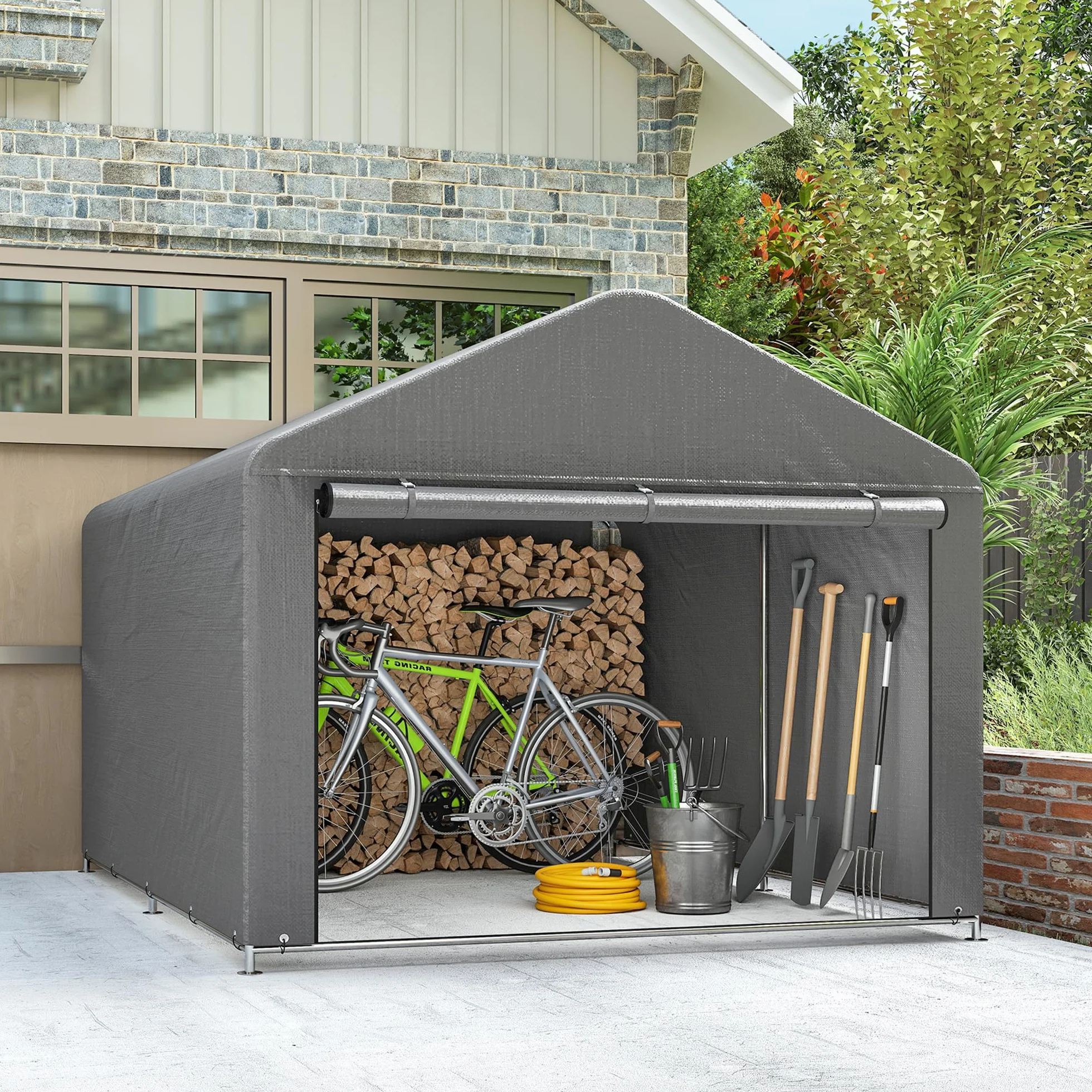 Outsunny 2x2.4 m Garage Moto per Esterno, Tenda Garage con Copertura Impermeabile, Porta Avvolgibile a Cerniera, per Biciclette e Attrezzi in Acciaio Zincato, da Giardino, Grigio Chiaro