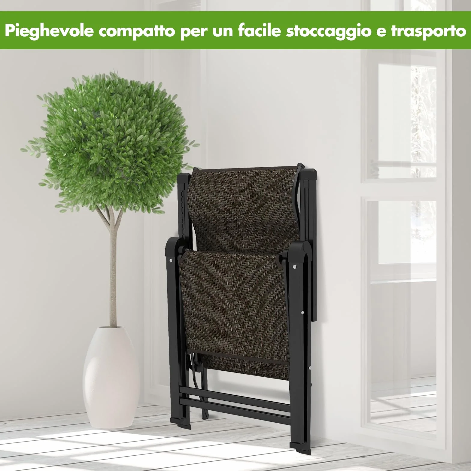 COSTWAY Sdraio da Giardino Pieghevoli in Rattan e Acciaio, Schienale Regolabile 10 Posizioni, Portata 113 kg, 2 Pezzi