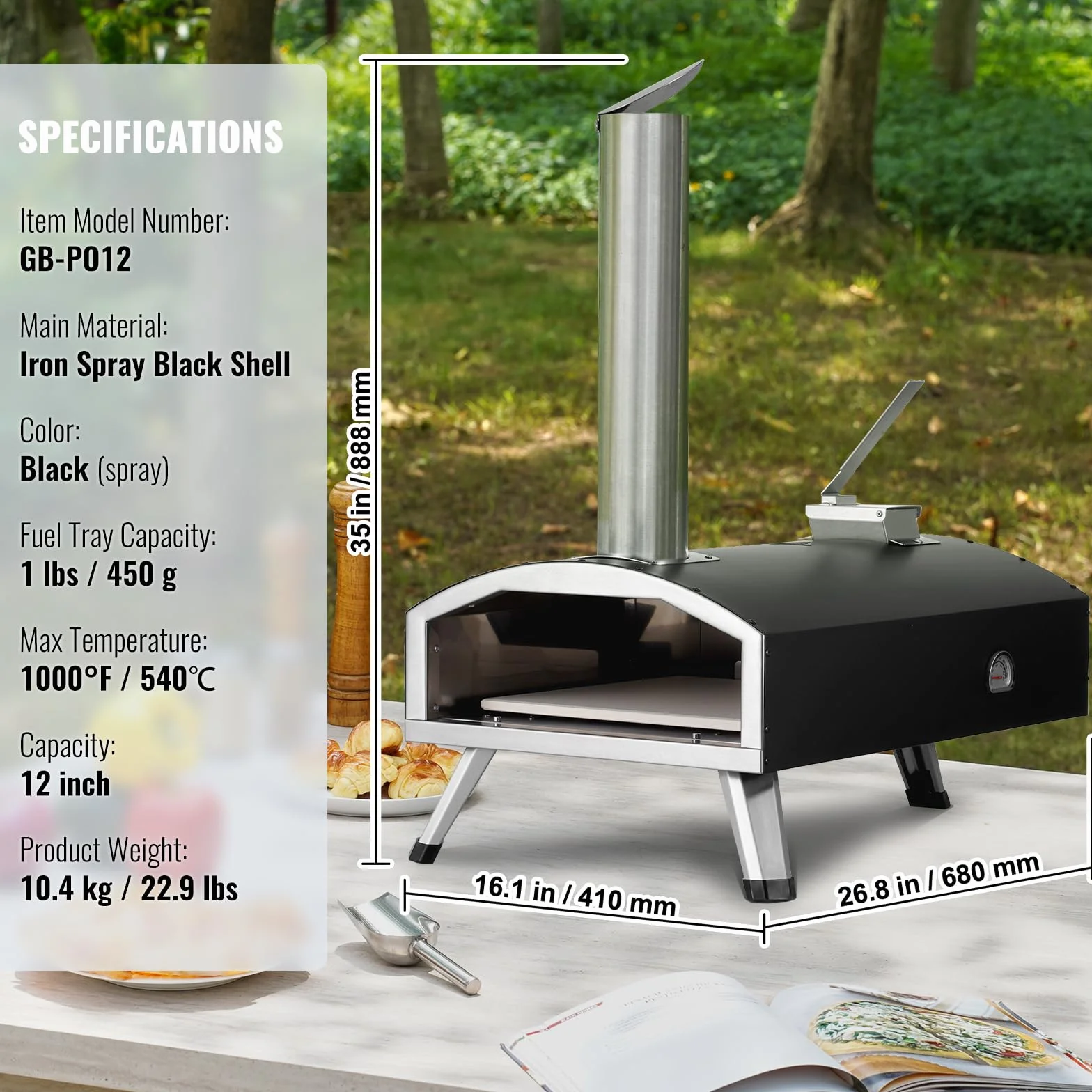VEVOR Forno Portatile per Esterni 304 mm, Tri-Fuel Pellet Trucioli Carbone, Griglia Pizza con Pietra e Copertura, Nero