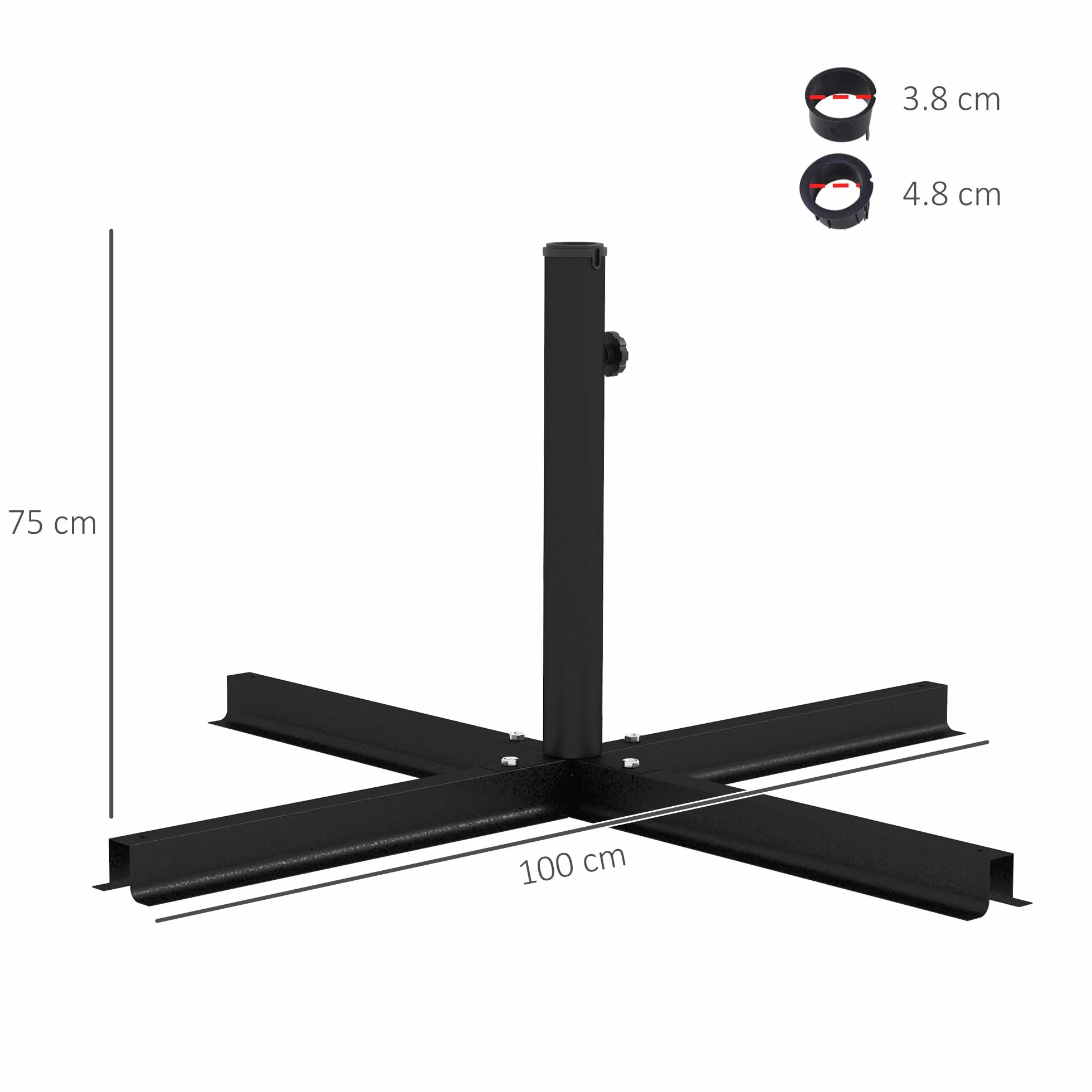 Outsunny Base per Ombrellone a Croce con Vite Laterale, Basamento per Ombrellone in Metallo, per Pali di Ombrelloni da Ø38/48 mm, 100x100x75 cm, Nero