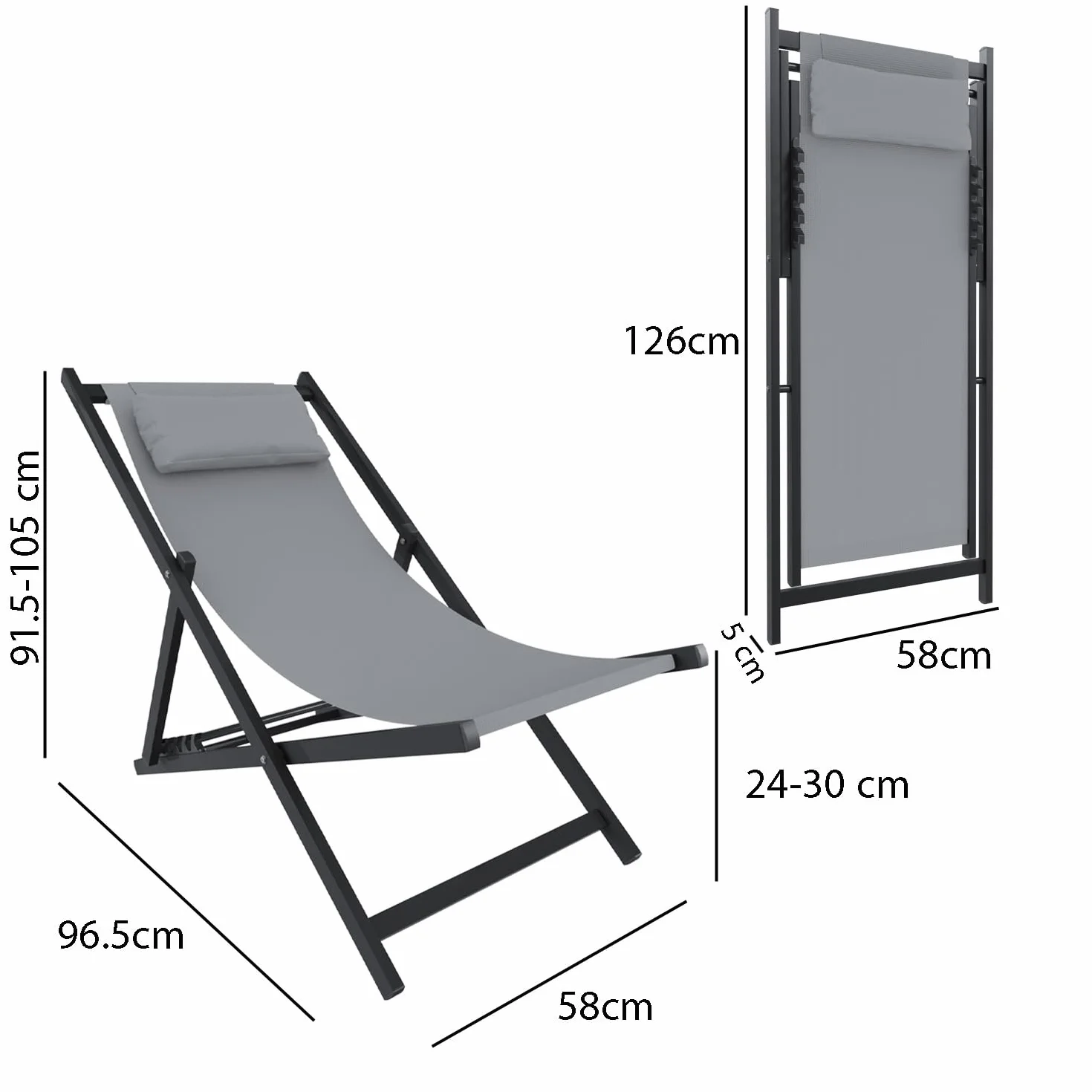 BRICOZONE Set di 2 Sedie Sdraio Leggera Da Giardino Schienale Regolabile Pieghevole Ergonomica Con Cuscino Traspirante Struttura Nera In Alluminio Da Esterno Piscina Mare Portata 160 Kg Grigio