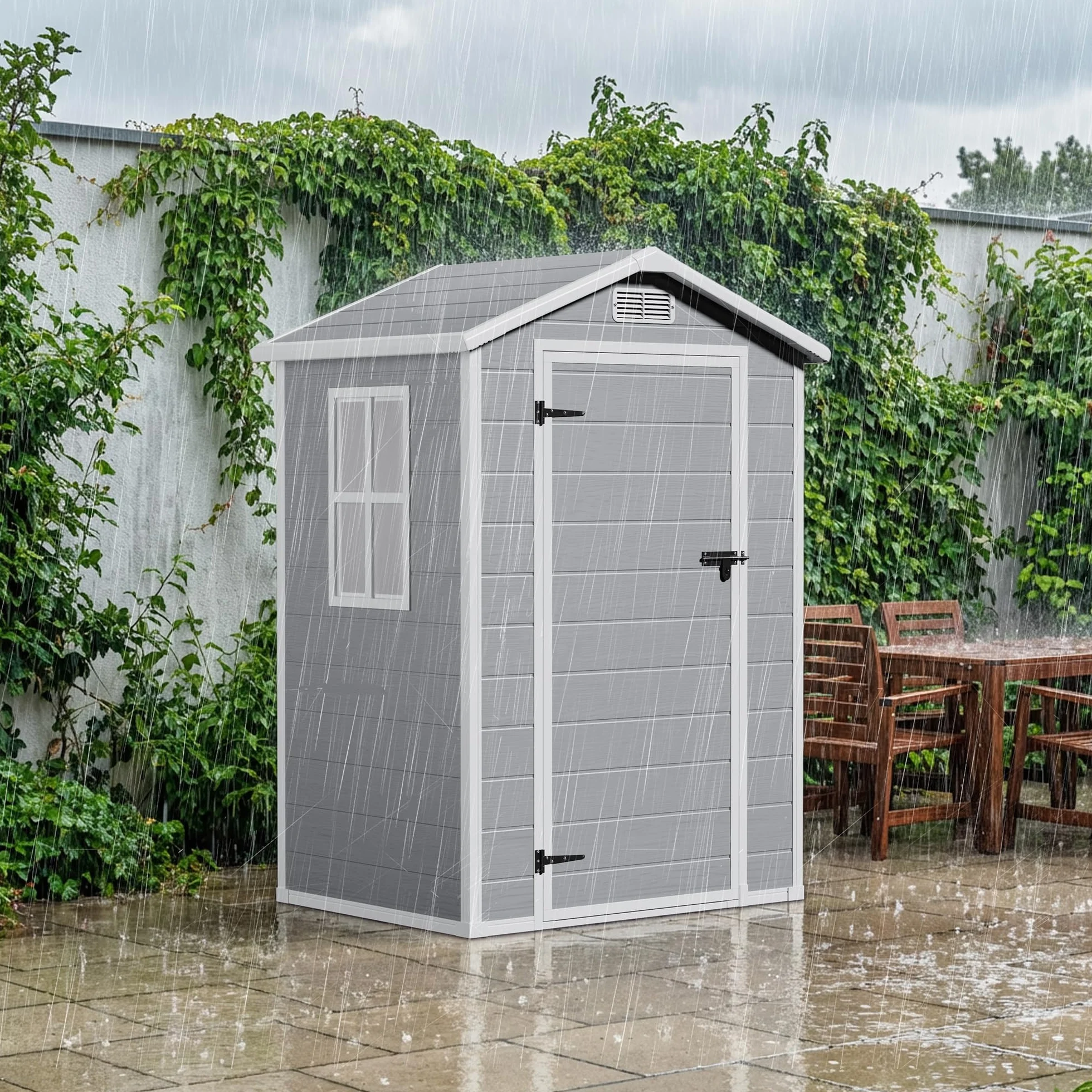 Casetta da Giardino in Resina 122x92x187 cm Capanno Porta Attrezzi con Finestra e Ventilazione Grigio
