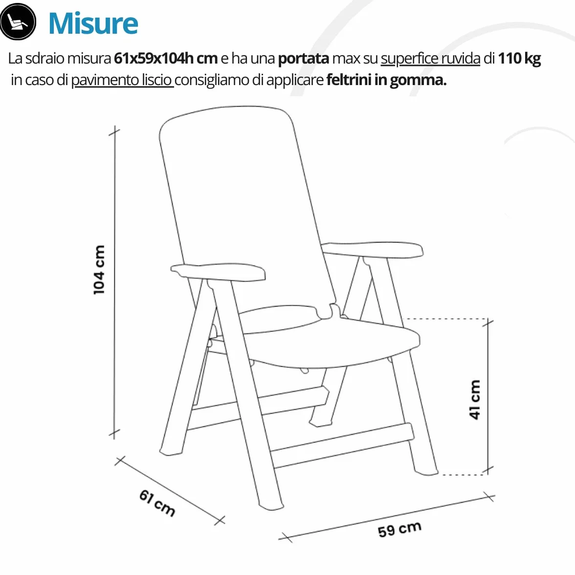 Tomaino Sdraio da giardino pieghevole in plastica - Poltrona per esterno, casa, campeggio reclinabile - 5 posizioni- Con braccioli (Nero)
