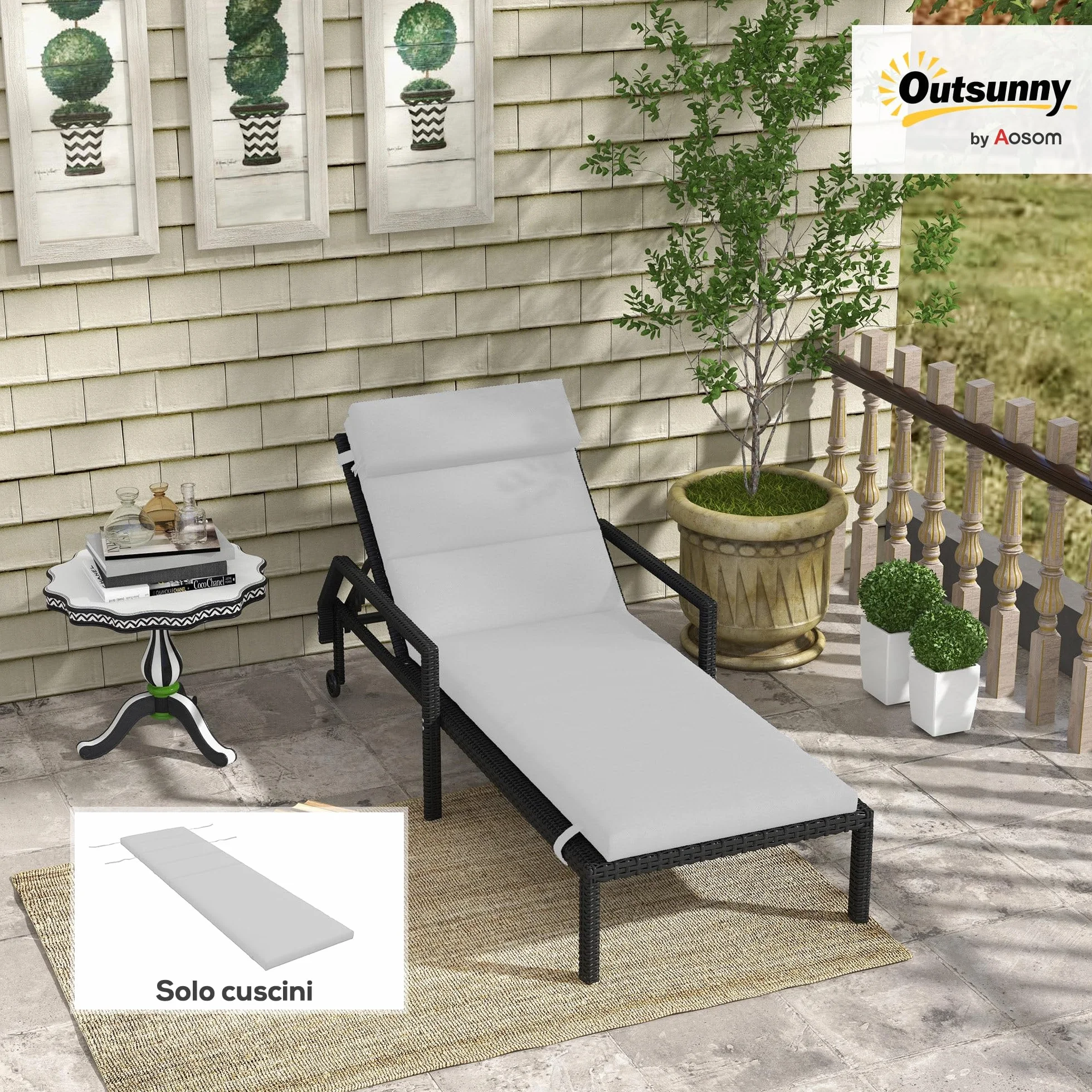 Outsunny Cuscino per Sdraio e Lettino Prendisole, Cuscino Imbottito con Poggiatesta e Lacci in Poliestere Resistente all'Acqua, Grigio Chiaro