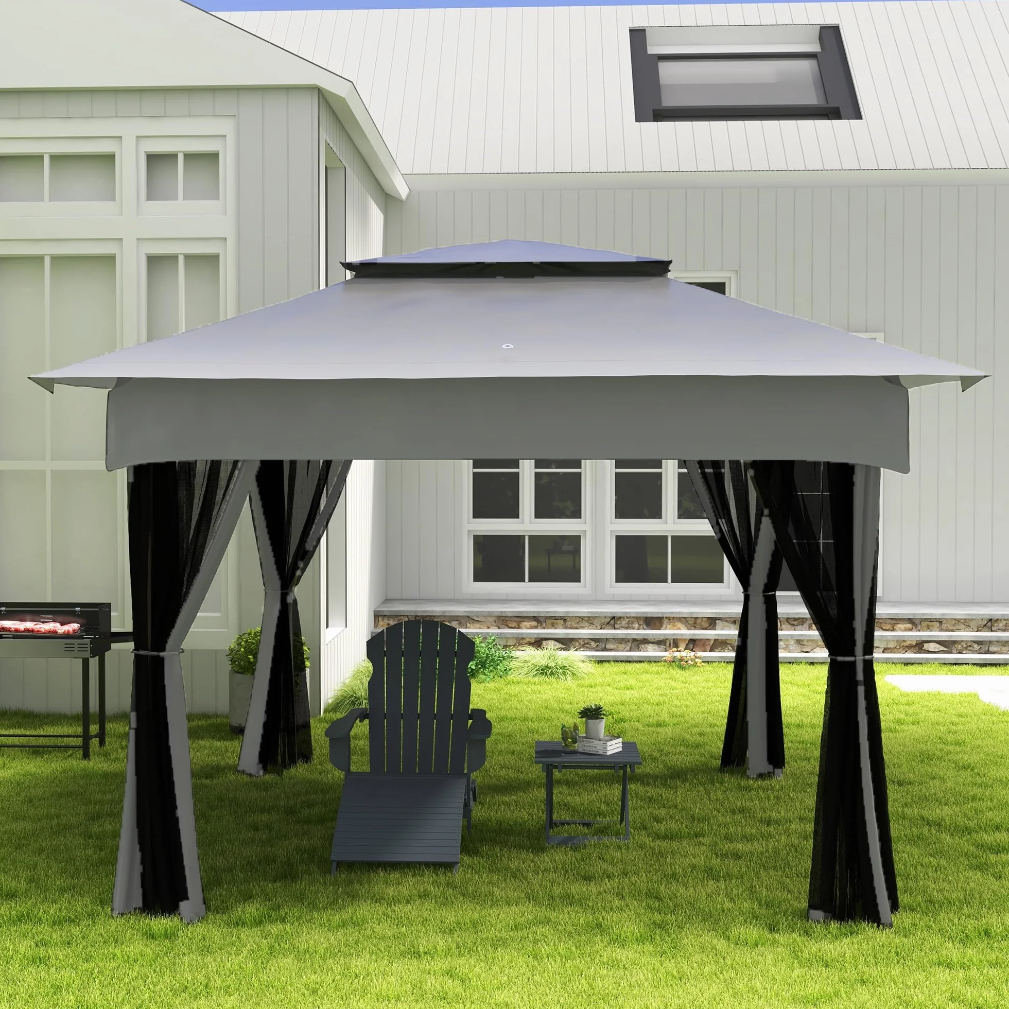 Outsunny Barbecue a Carbone 3 Livelli in Acciaio Inox con Mensole Pieghevoli e Girarrosto, 118x32x90 cm, Nero