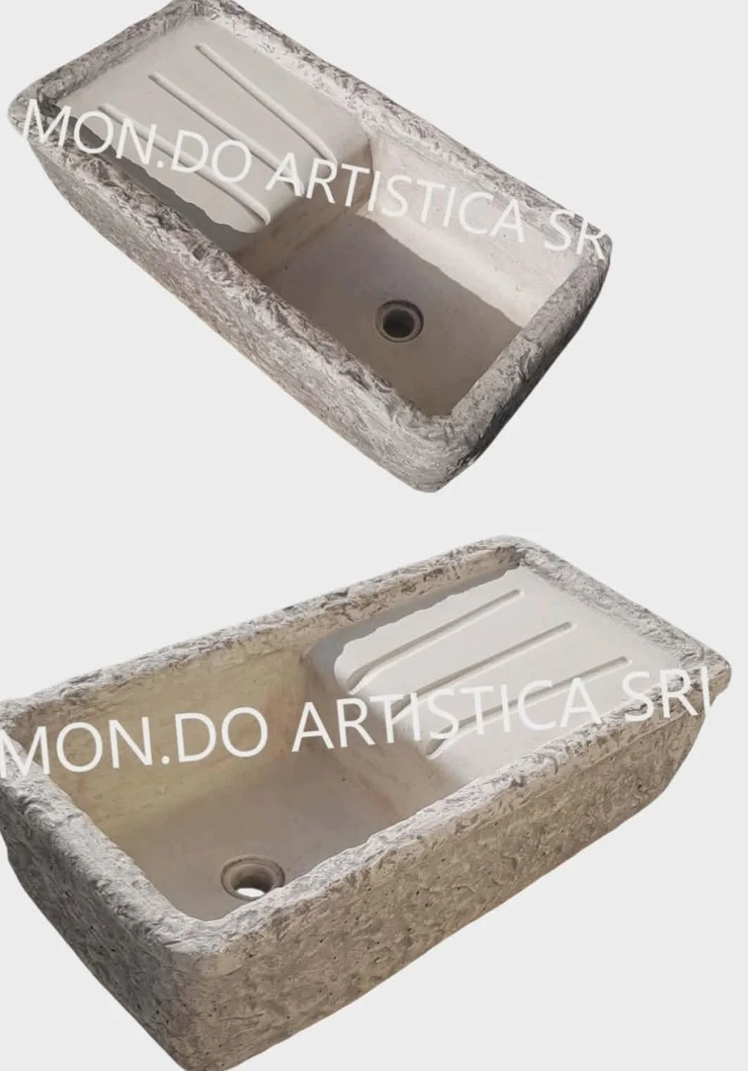 Lavandino Da Esterno, Lavabo Per Giardino, Pilozzo Con Vasca E Gocciolatoio, Fontana Altezza 22 cm, Larghezza 80x40 Cm, In Cemento Bianco E Polvere Di Marmo, Colore Sfumato Grigio, Mondo artistica