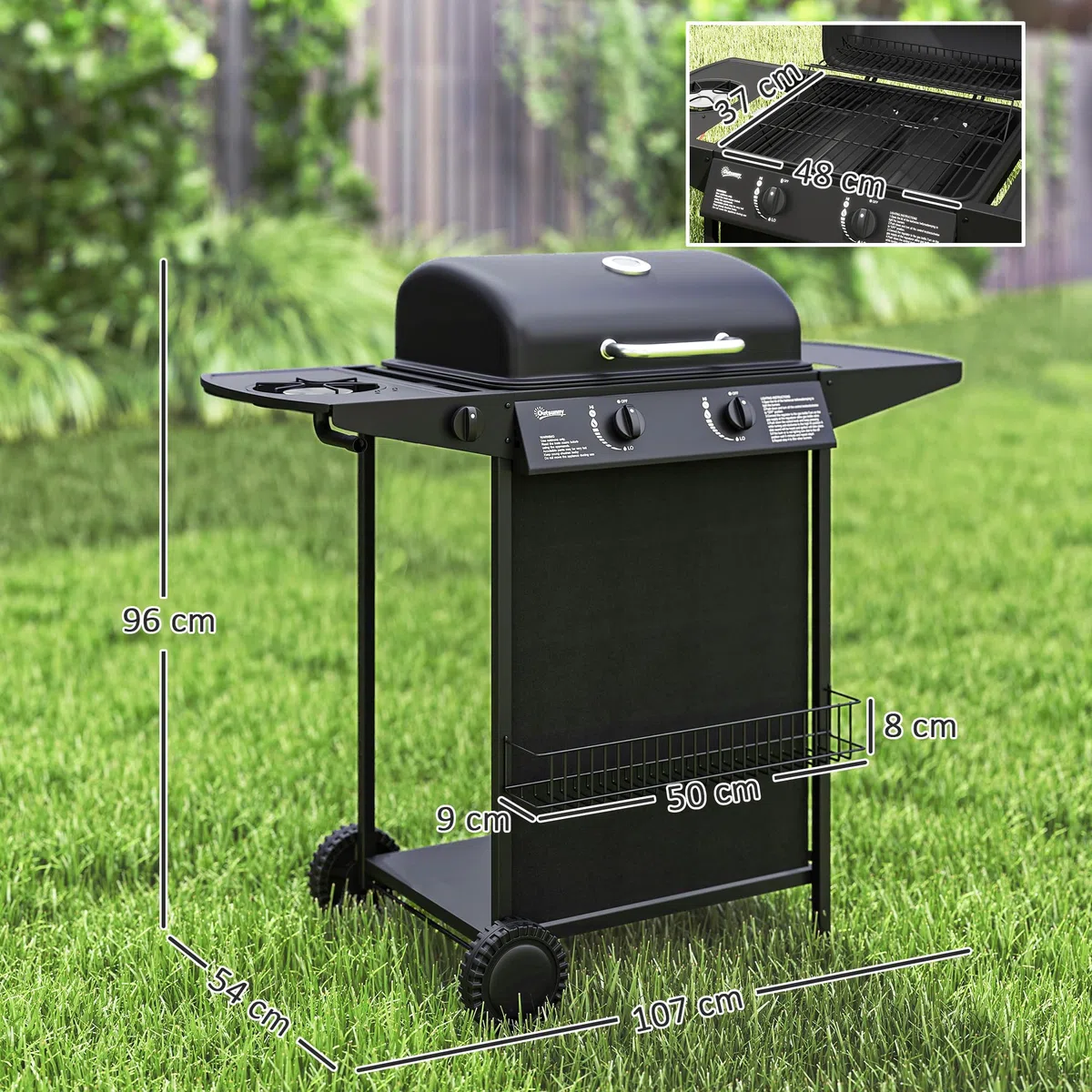 Outsunny Barbecue a Gas 7kW 2+1 Bruciatori con Coperchio, Termometro, Tavolino Laterale, Nero