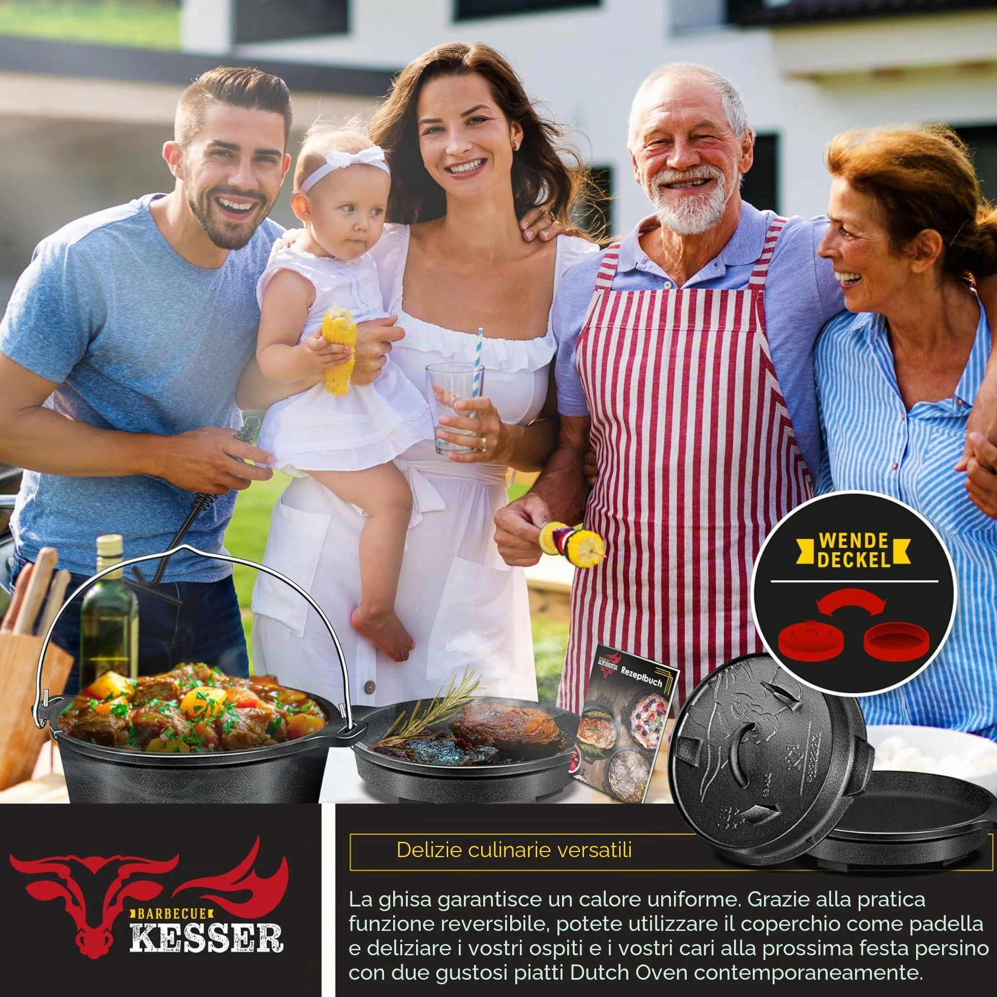 KESSER® Set forno olandese, Casseruola per barbecue, pentola in ghisa con manico per sollevare il coperchio e fessura per termometro, per barbecue, pentola per gulasch, uso esterno e interno