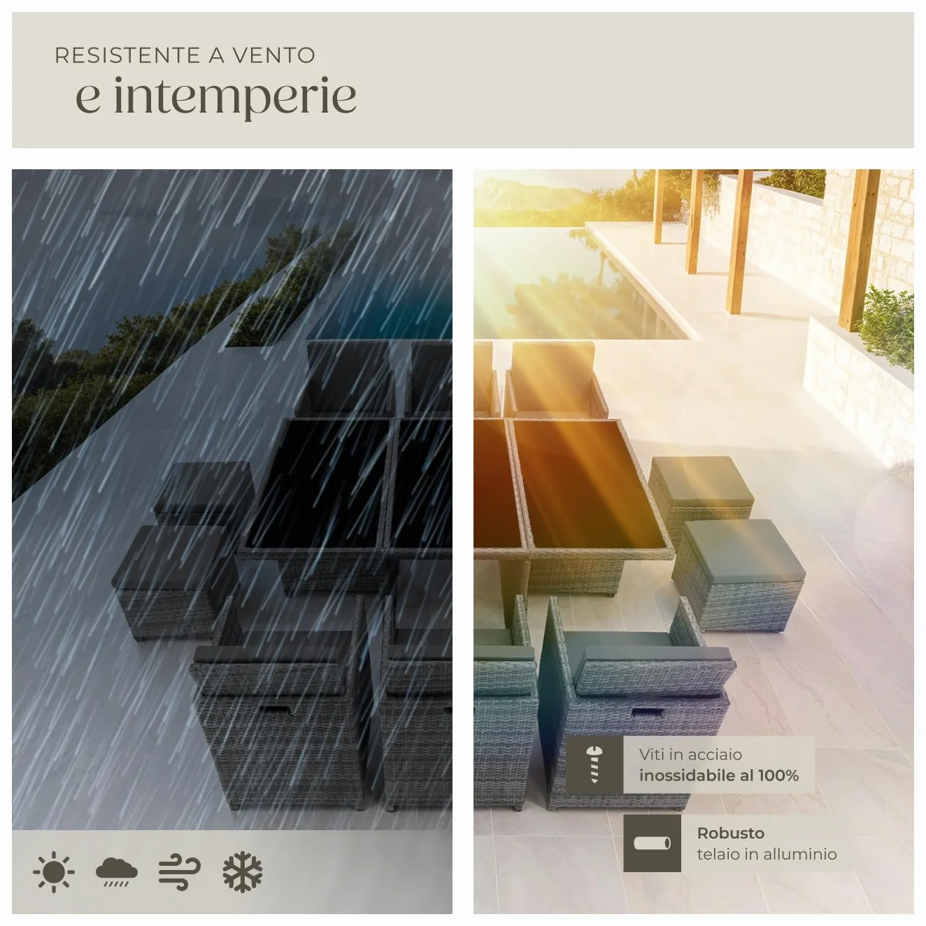 Set di Mobili da Giardino Poli Rattan Alluminio 6 Sedie 1 Tavolo 4 Sgabelli Grigio