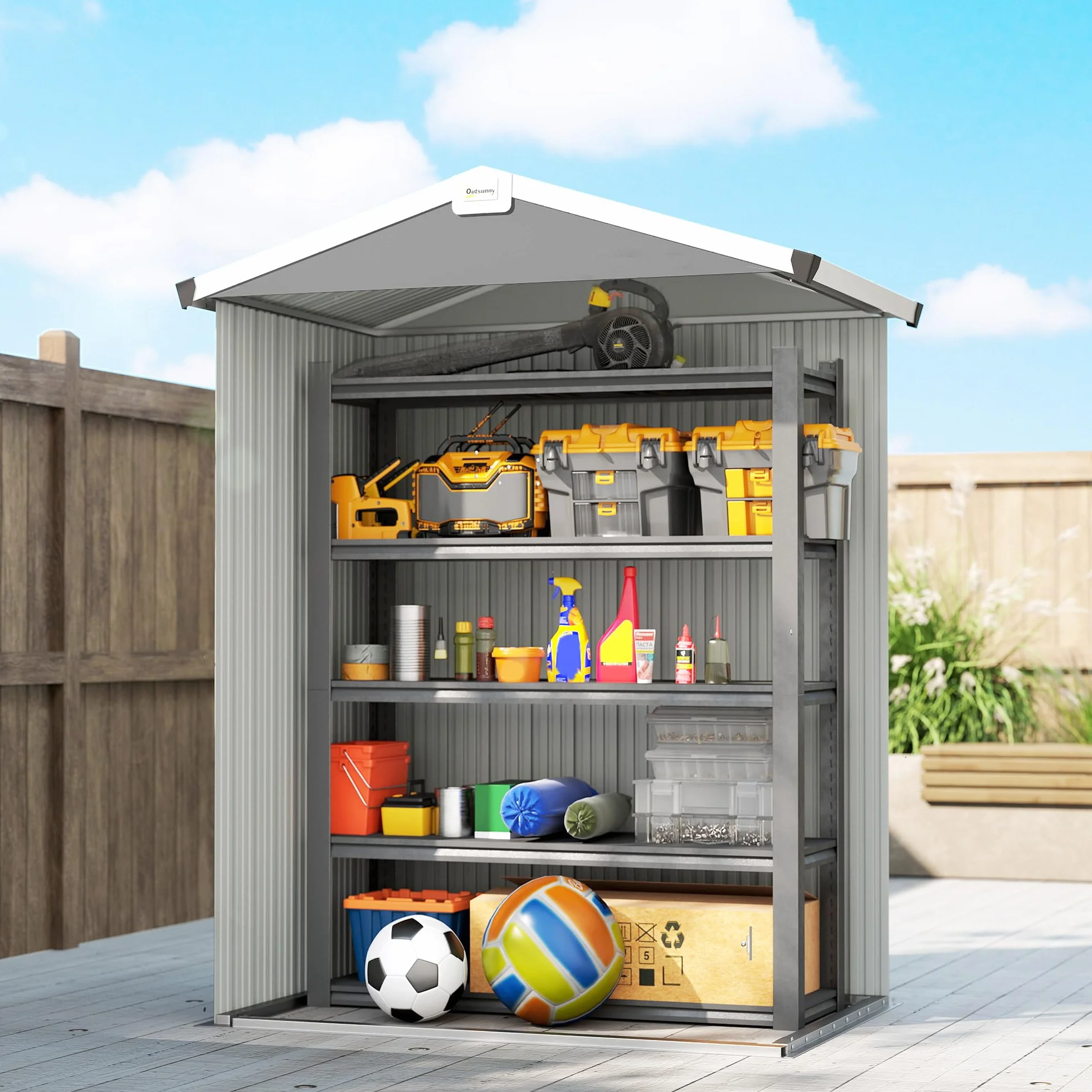 Outsunny Casetta da Giardino 1.1m² Acciaio Zincato Doppie Porte Larghe Bloccabili Tetto Inclinato 133x87x178 cm Grigio Argento