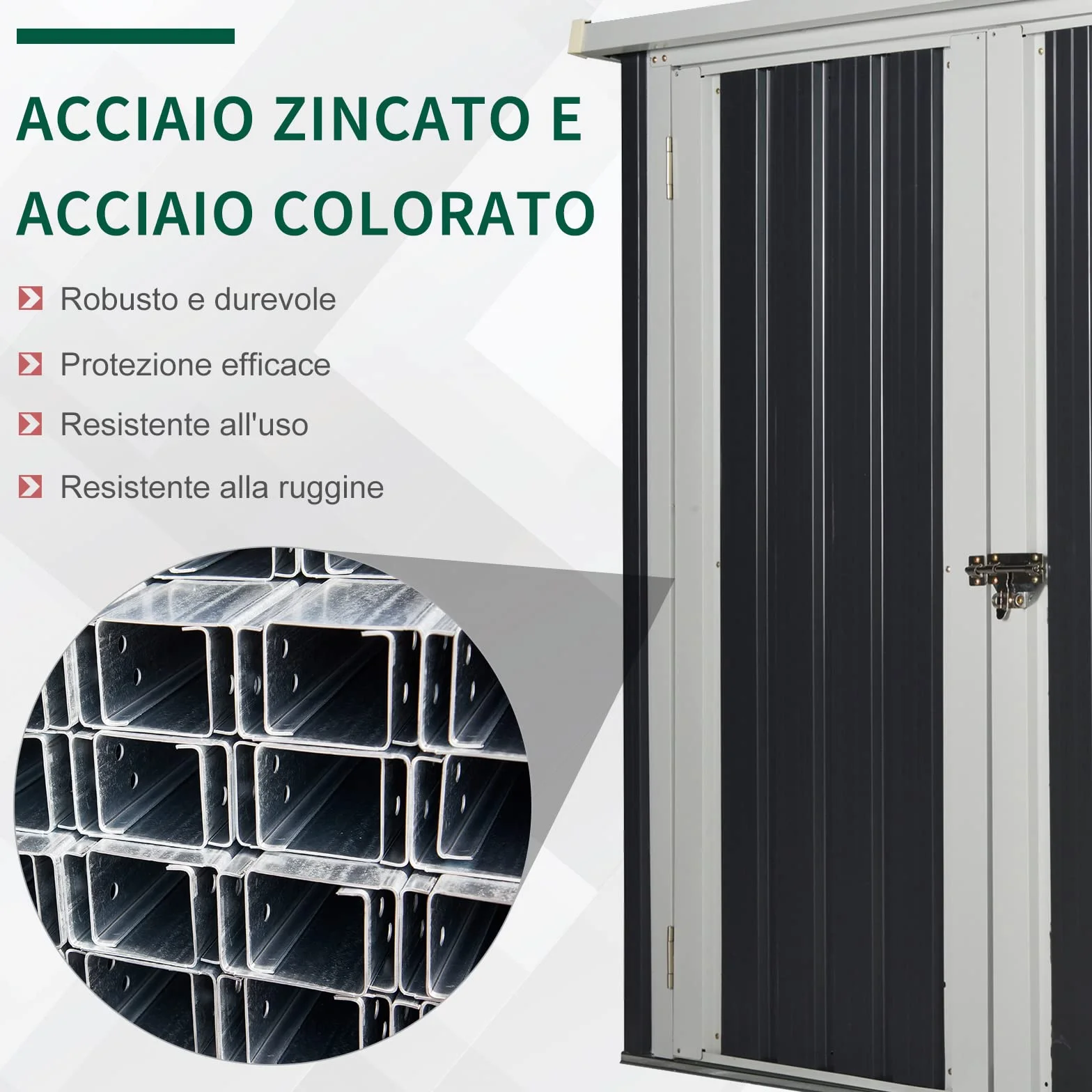 Outsunny Casetta da Giardino in Lamiera di Acciaio, Capanno a Doppia Porta con Sistema di Blocco, 147x86x134cm, Nero e Bianco