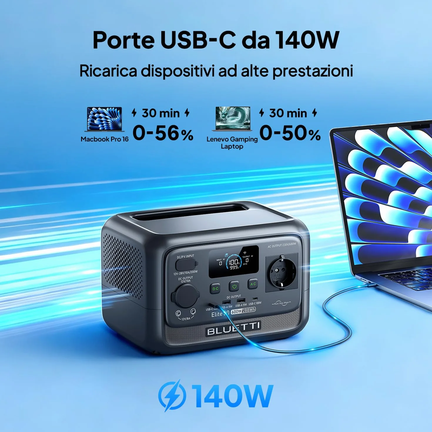 BLUETTI Stazione di Energia Portatile Elite 30 V2, Batteria LiFePO4 da 288Wh, Uscita CA da 600W (Picco 1500W), Ricarica Totale in 70 Minuti, Ideale per Campeggio, Viaggi, Interruzioni di Corrente