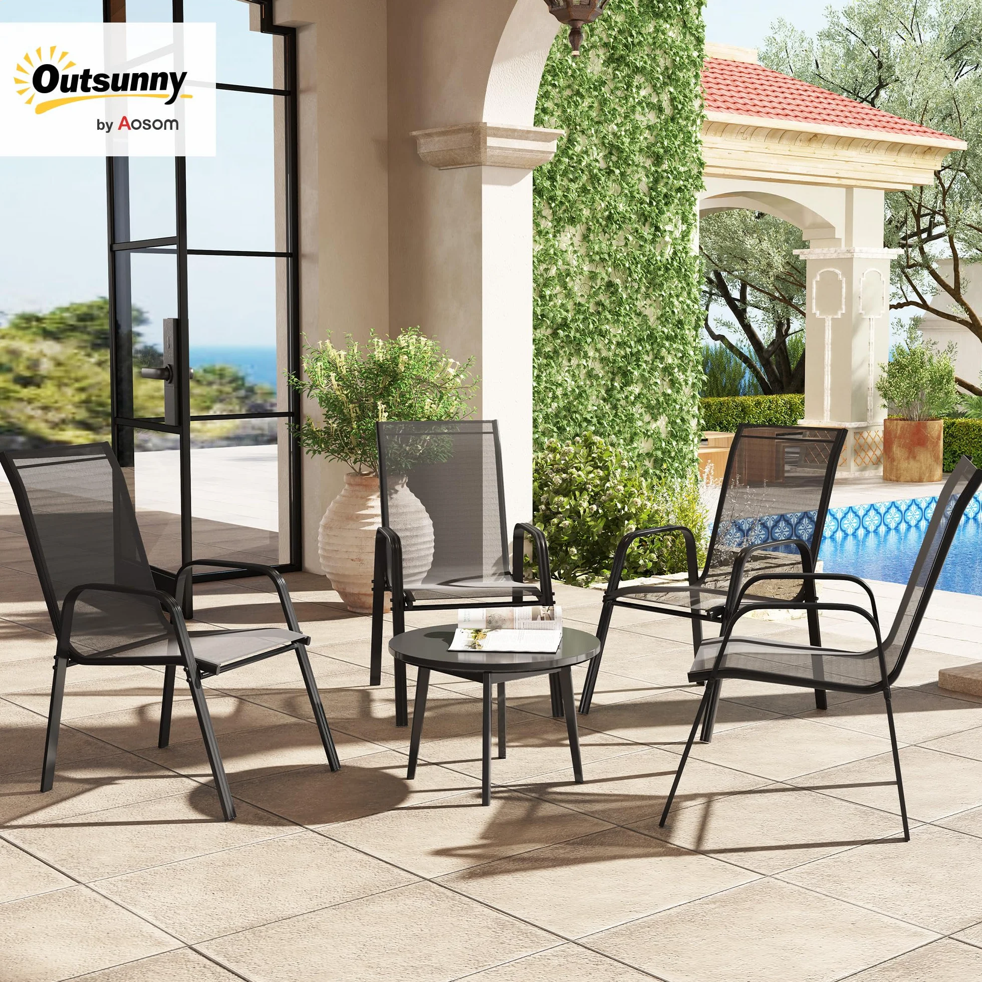 Outsunny Set 4 Sedie da Giardino Impilabili con Braccioli in Metallo e Texteline Impermeabile, 54x75.5x95cm, Nero