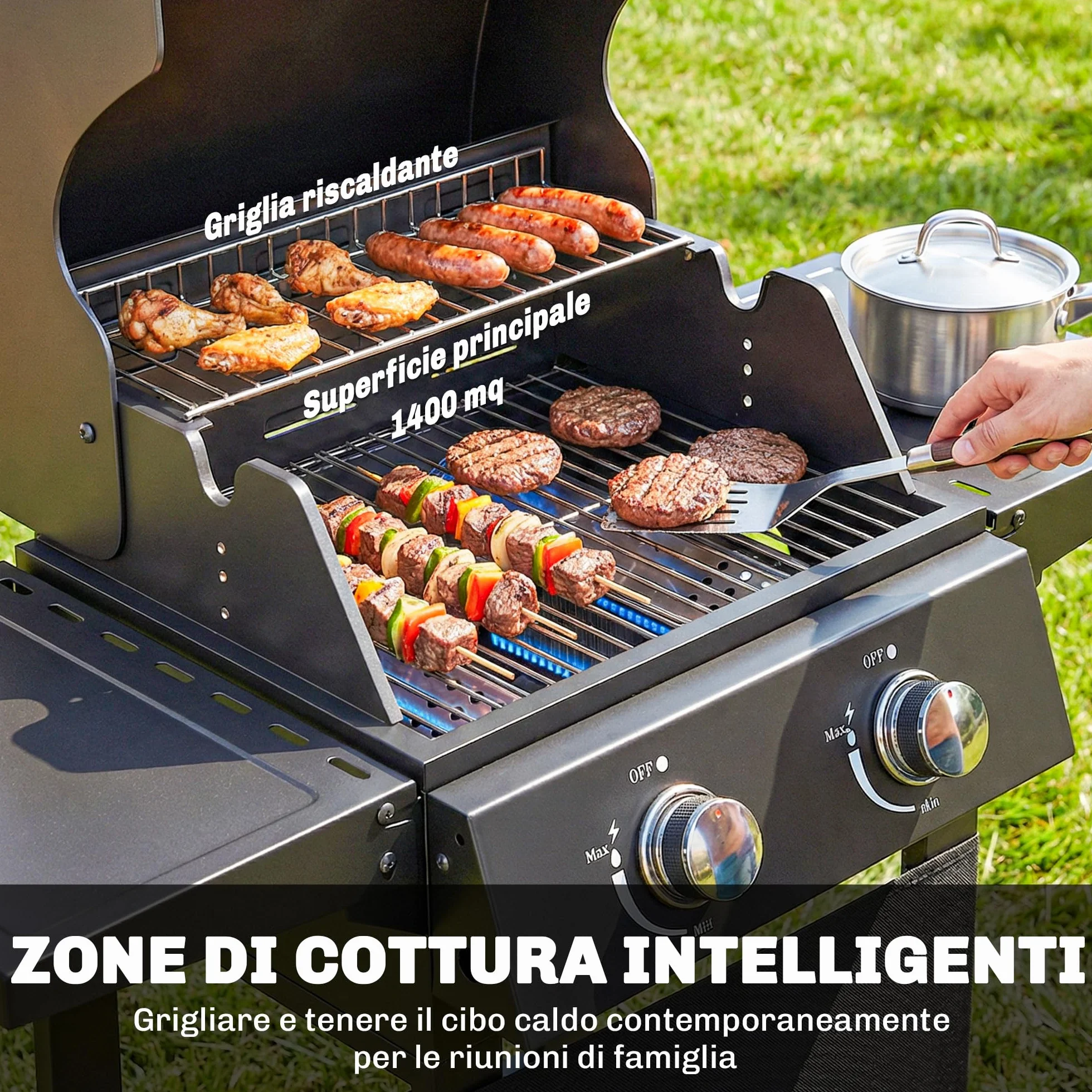 Outsunny Barbecue a Gas 2 Bruciatori 5.4 KW BBQ Portatile con Griglia Ripiani Pieghevoli Coperchio Termometro Ruote Nero
