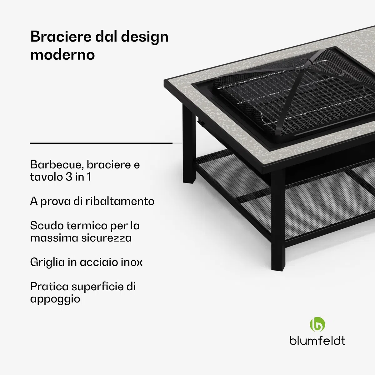 blumfeldt Merano Avanzato L Braciere da Giardino - 3-in-1 Braciere Barbecue & Tavolo, Telaio in Acciaio, Piano in Terrazzo, Include Griglia, Attizzatoio, Parascintille & Coperchio, Nero