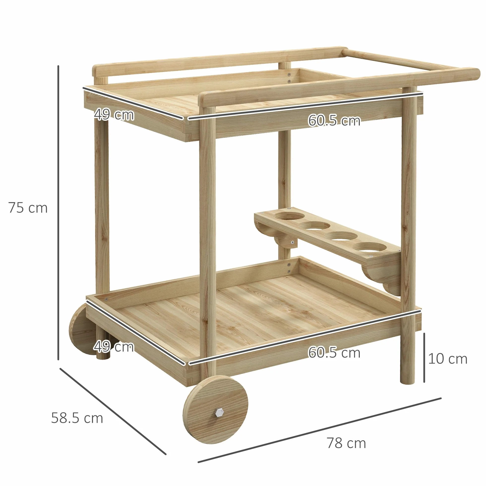 Outsunny Carrello da Giardino in Legno di Abete a 2 Ripiani, 78x58.5x75 cm