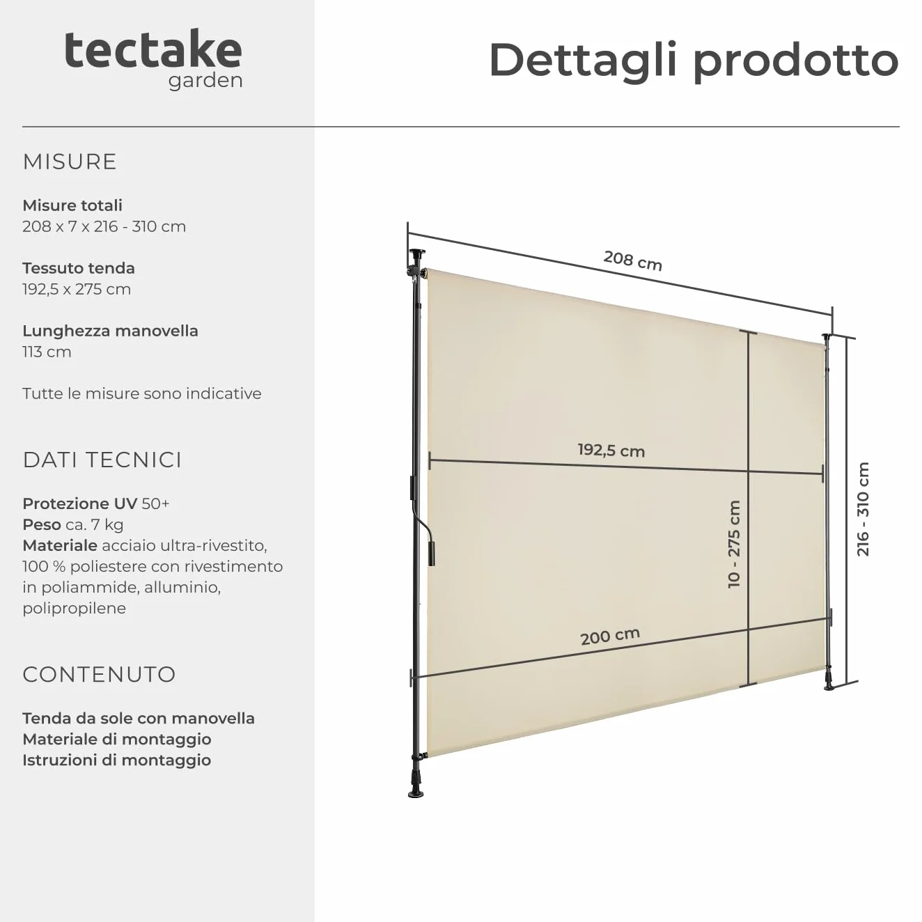 tectake Tenda da Sole per Esterno Verticale 200x310 cm Poliestere Opaco Protezione UV