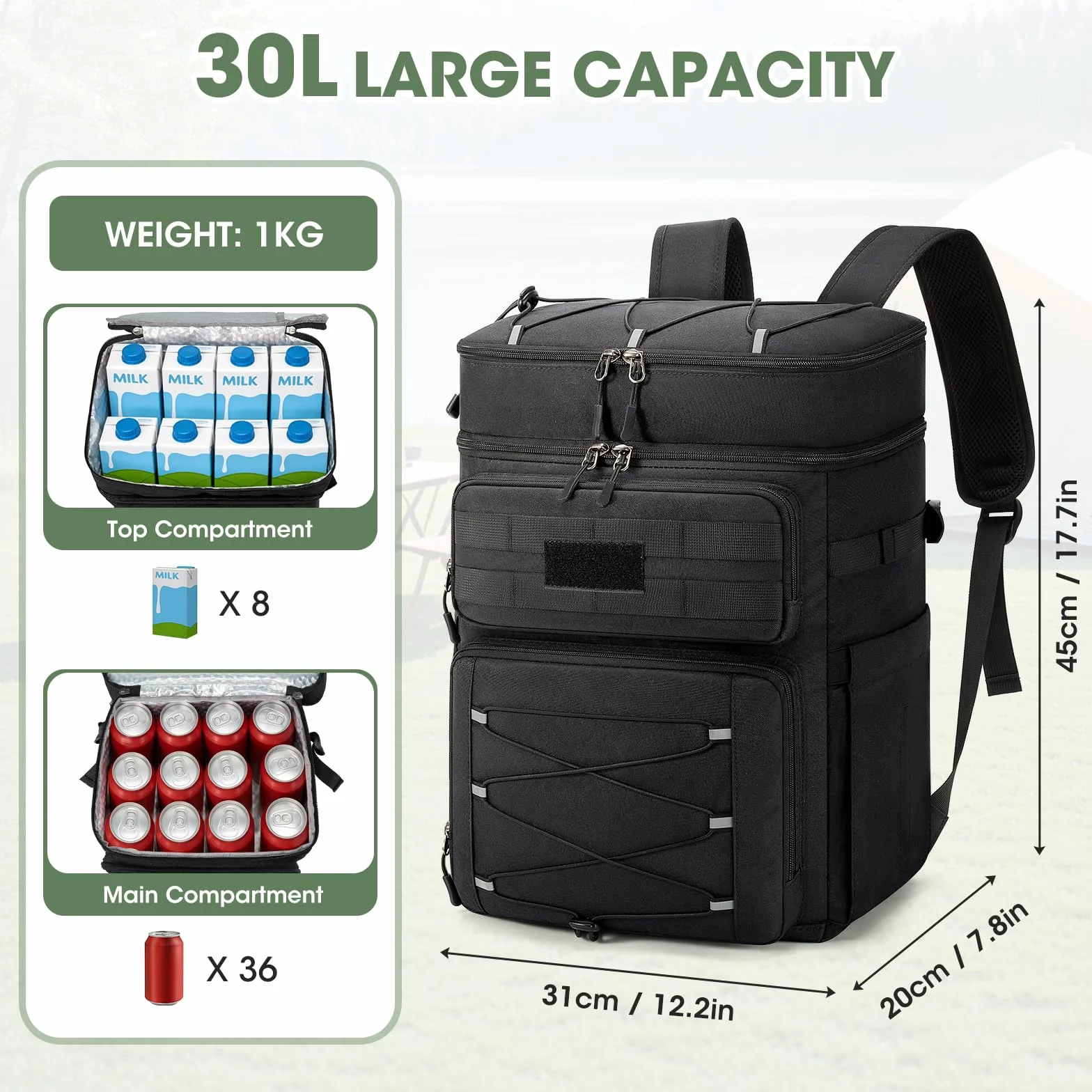RAINSMORE Zaino Frigo Termico 30L Doppia Zona Impermeabile Nero