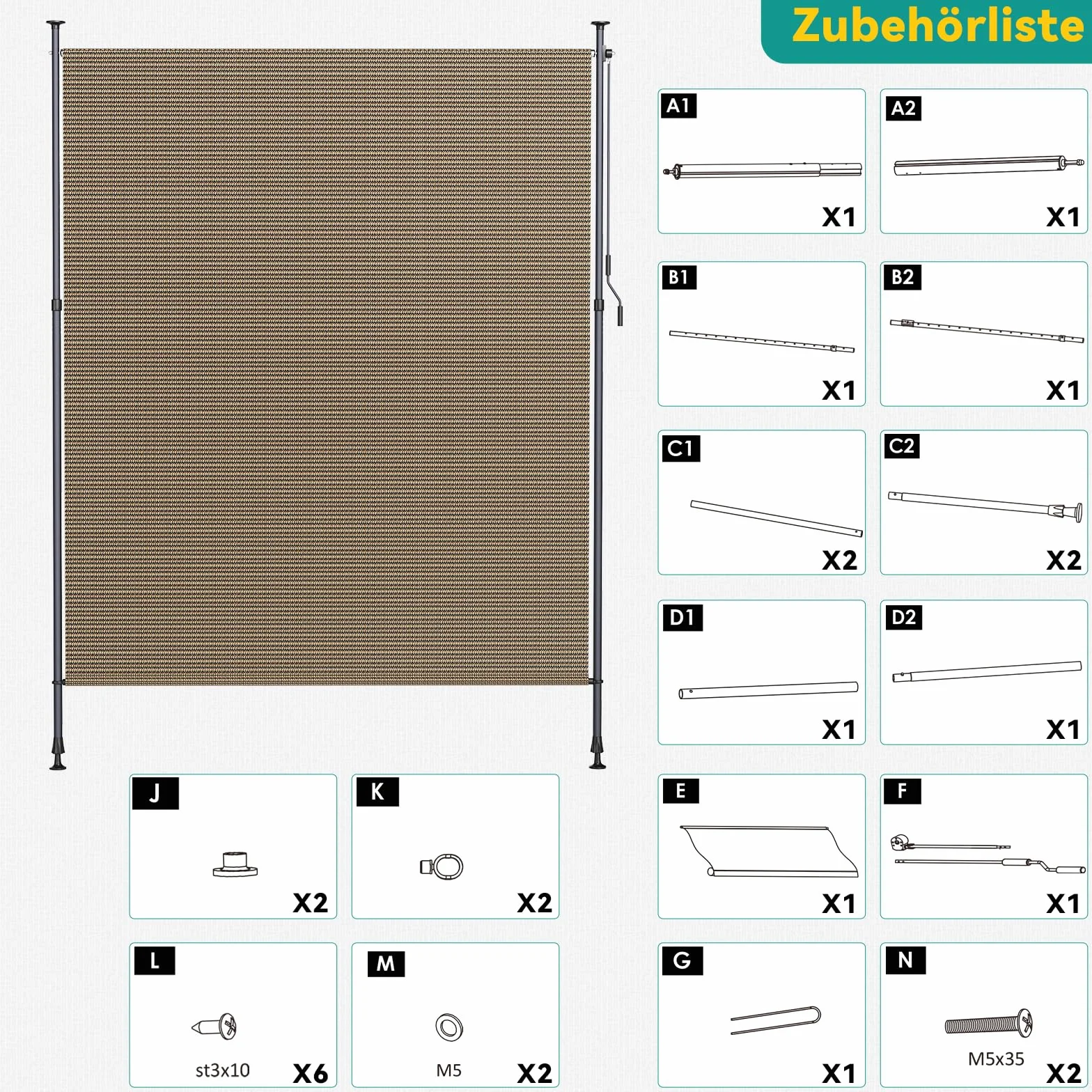 LIFERUN Tenda Verticale HDPE 200×310 cm Marrone, Tenda a Pinza Estensibile Senza Forare, Protezione Solare UV, Antivento, per Balcone Giardino Terrazza