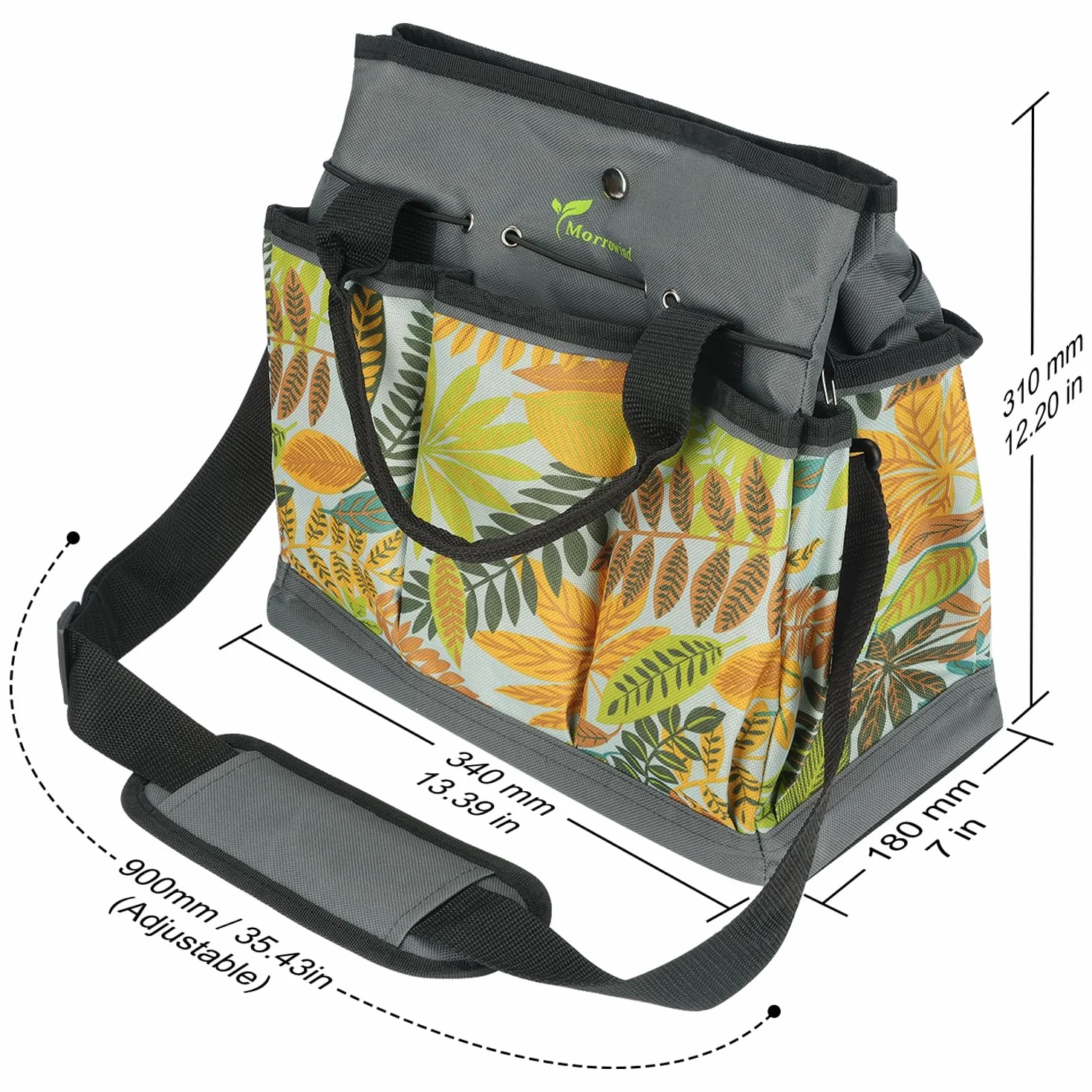 MORROWIND Borsa Attrezzi da Giardino in Tessuto Oxford, Tote con Tasche e Tracolla Regolabile Organizzatore Attrezzi con Tasca con Cerniera per Giardinaggio e Lavoro nel Prato, Verde Floreale
