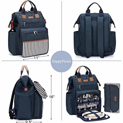 Zaino da picnic grande capacità 4 piatti scomparto termico 22,9 cm manico legno posate coperta impermeabile blu navy