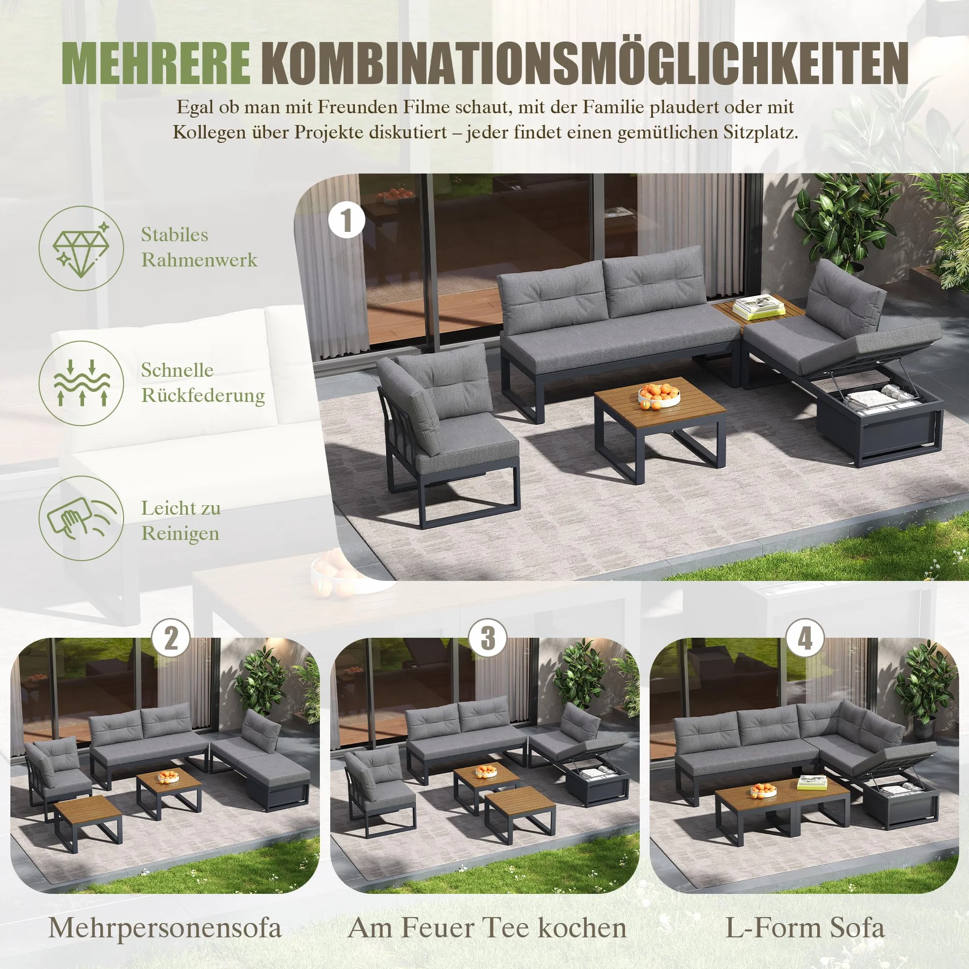 Set di mobili da giardino,Divano da giardino da esterno con schienale regolabile su 3 livelli,Divano con spazio di archiviazione e funzione di inclinazione,Adatto per terrazzi e giardini,Grigio