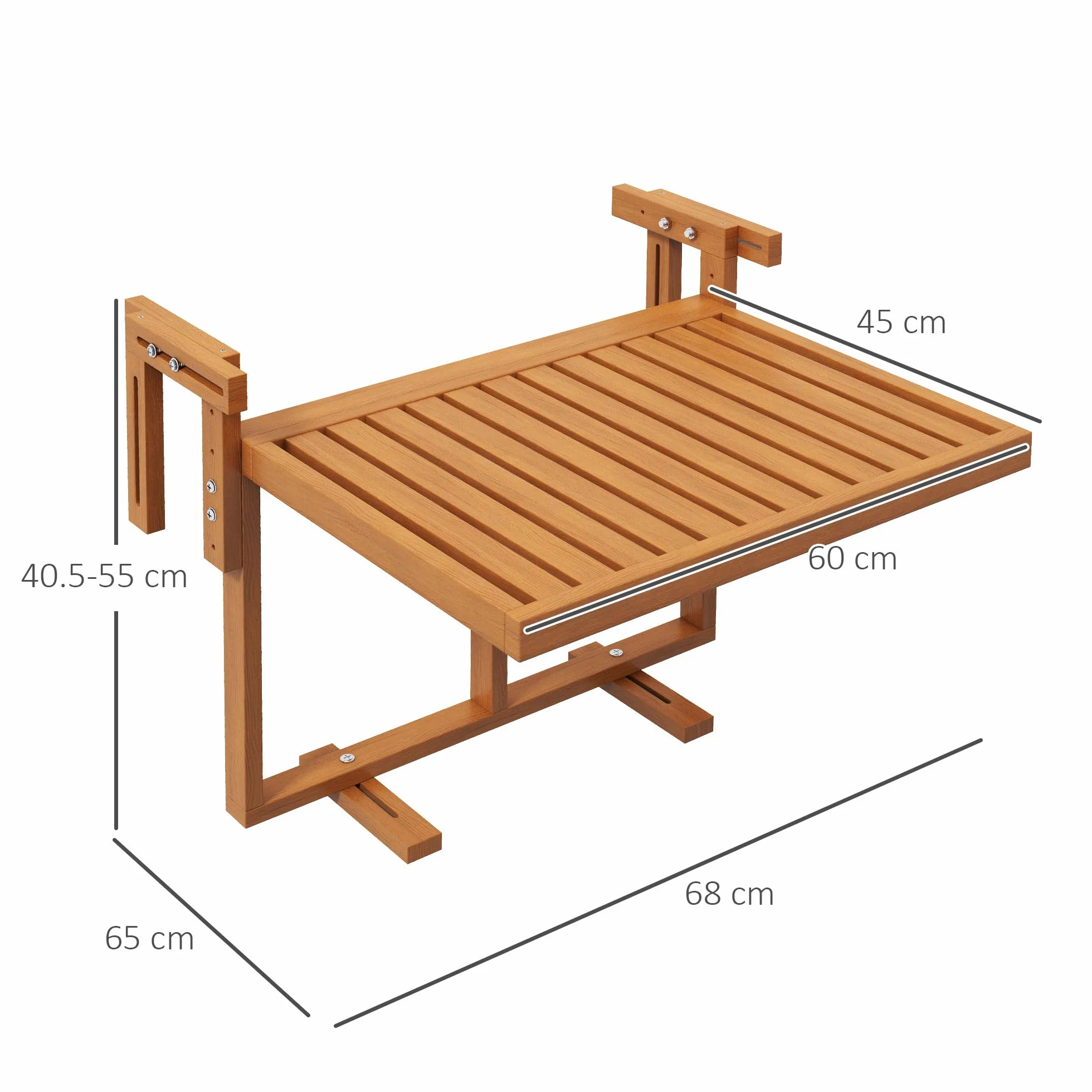 Outsunny Tavolino da Balcone Pieghevole Regolabile in Altezza 40.5-55cm, Legno di Pino, Teak