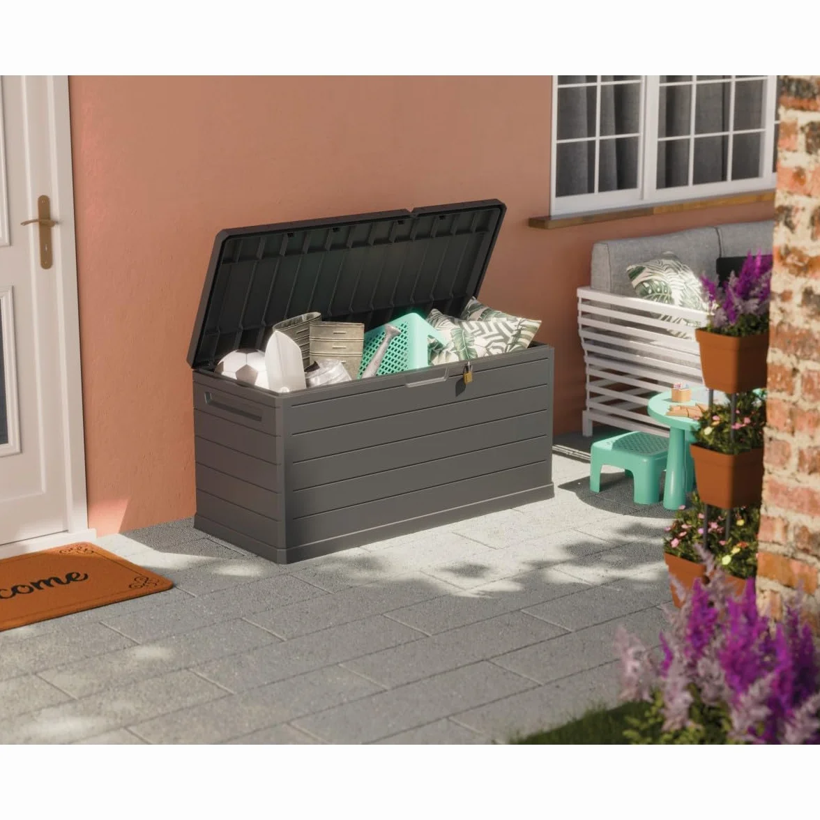Art Plast - Baule di Stoccaggio Esterno 350L - Baule da Giardino Grigio 118,5x52x57cm - Maniglie di Trasporto - Resistente all'Acqua