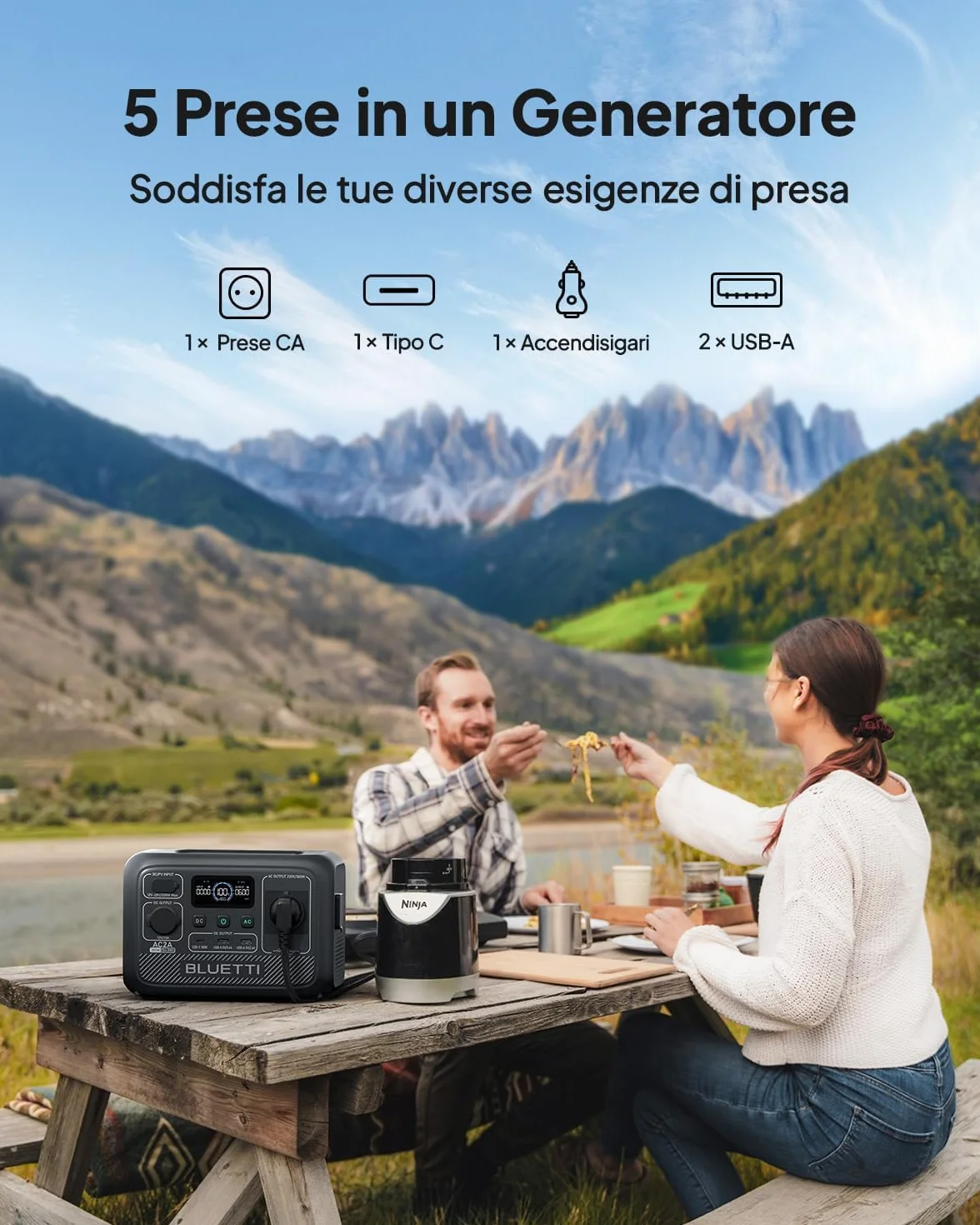 BLUETTI AC2A Generatore Elettrico Portatile 204Wh LiFePO4 300W 600W Picco Ricarica Rapida