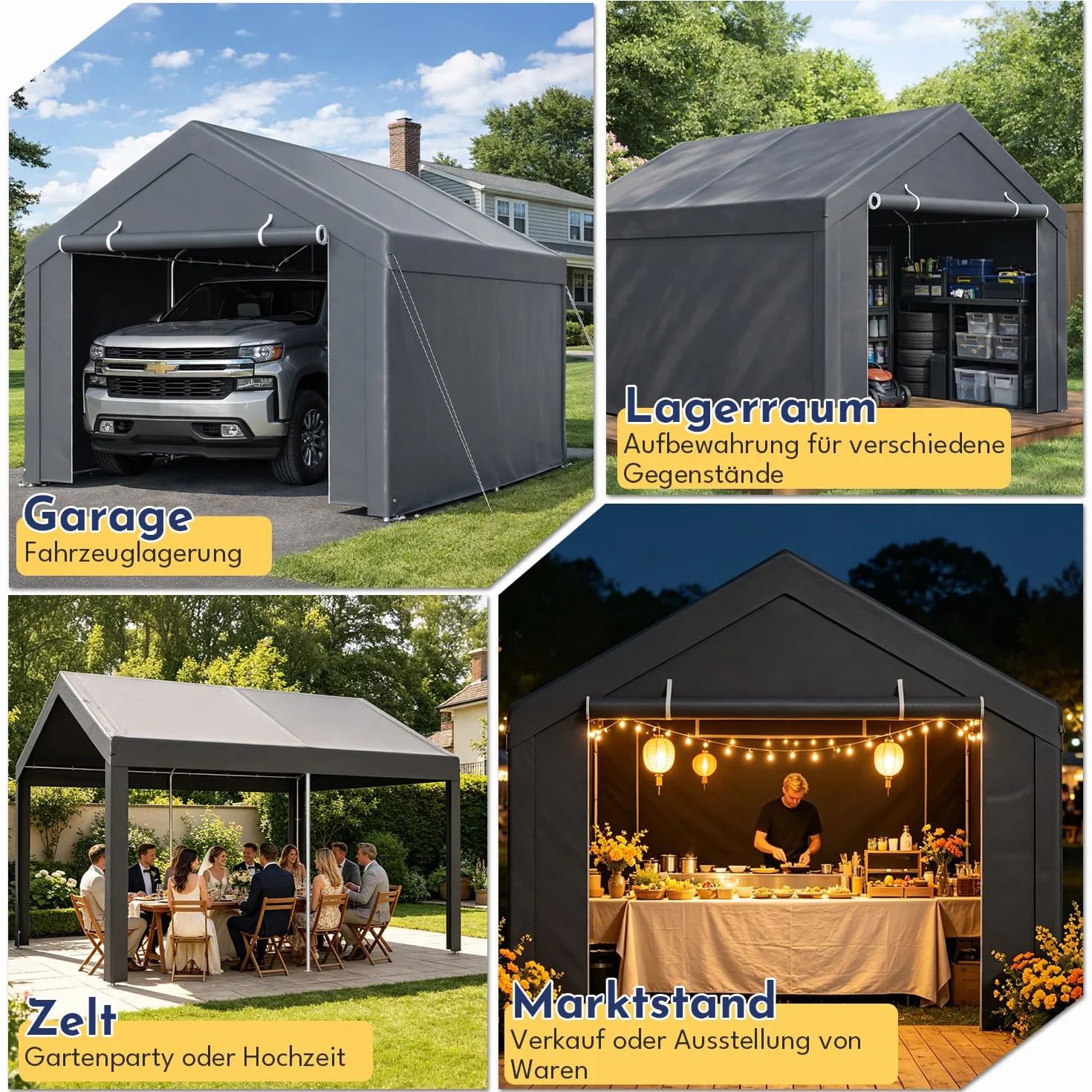 Tenda da garage con telone in PE resistente alle intemperie, impermeabile, con 2 pareti laterali e 10 picchetti, protezione UV, per auto, SUV, barca, 3 x 4 m