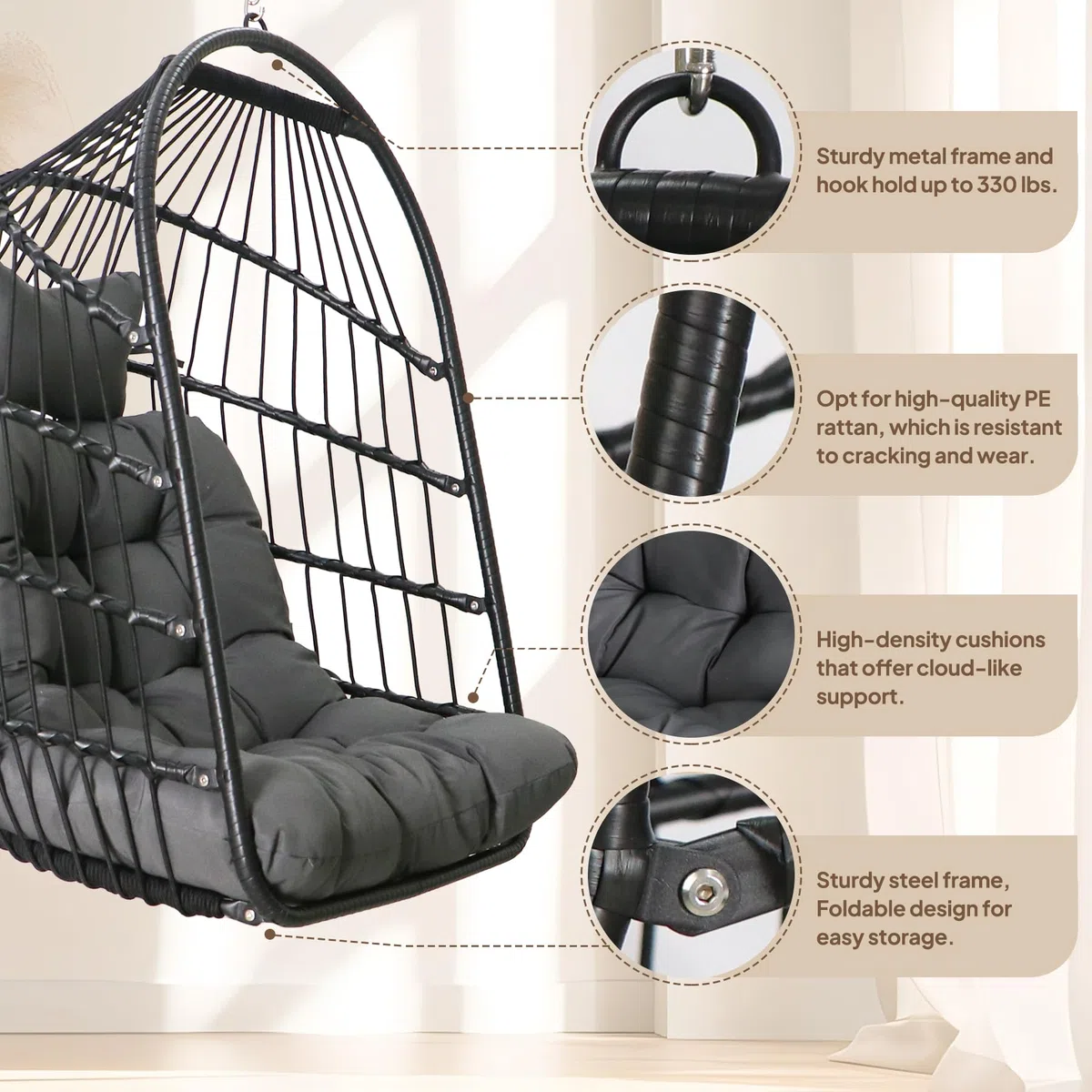Sedia a uovo con supporto ultra robusto e cuscino Sedia sospesa Sedia a dondolo in vimini Rattan Sedia a sdraio per interni ed esterni Capacità 150 kg Balcone Portico Camera da letto Giardino