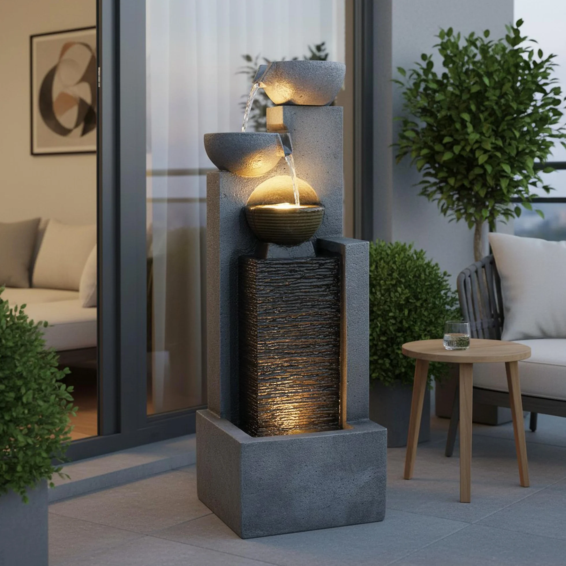 Arnusa, Grande fontana da giardino con illuminazione a LED, fontana a cascata, decorazione da giardino, Nero, Grigio