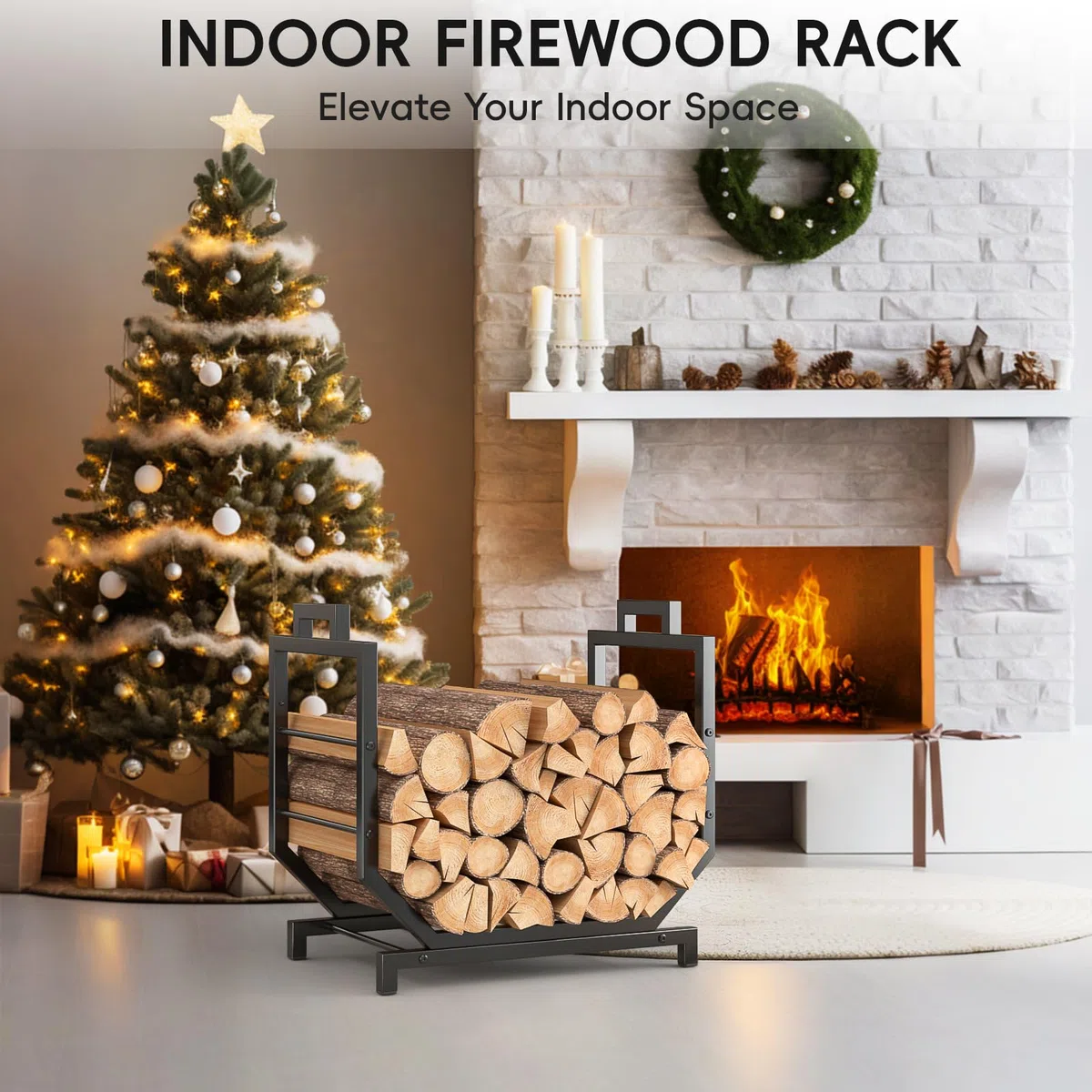 Portalegna Rinforzato Porta Legna da Interno Esterno Antigraffio Metallo 250lbs 4 Gambe con Sacchetto Trasporto per Camino 43x53x33.1cm Nero