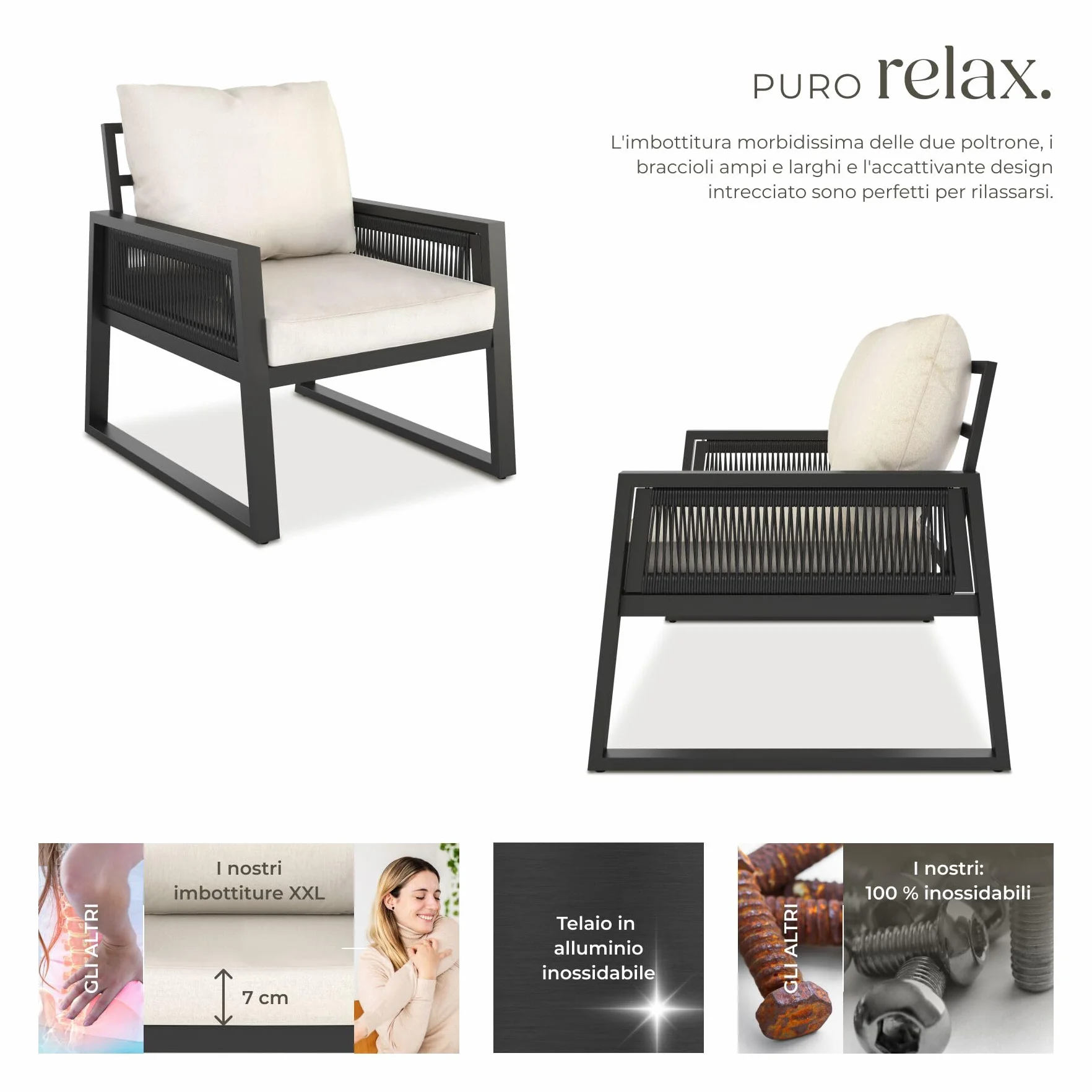 Tectake Set Salottino da Giardino 2 Posti, Telaio Alluminio Antiruggine, Cuscini Spessi, Design a Corda
