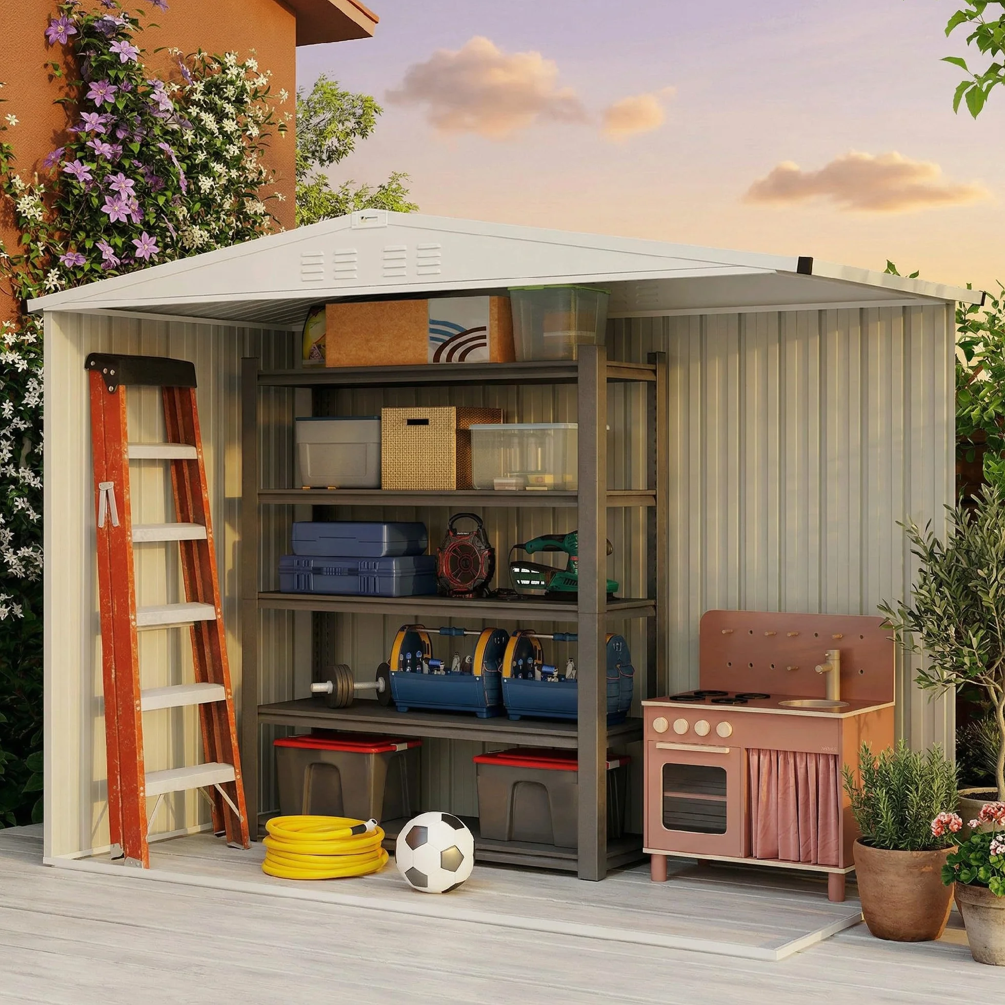 Outsunny Casetta da Giardino 2.7m² in Acciaio Zincato con 4 Prese d'Aria e 2 Finestre Trasparenti, Capanno Porta Attrezzi con Tetto Inclinato, Doppio Porte Bloccabili con Chiavi e Guanti Grigio Scuro