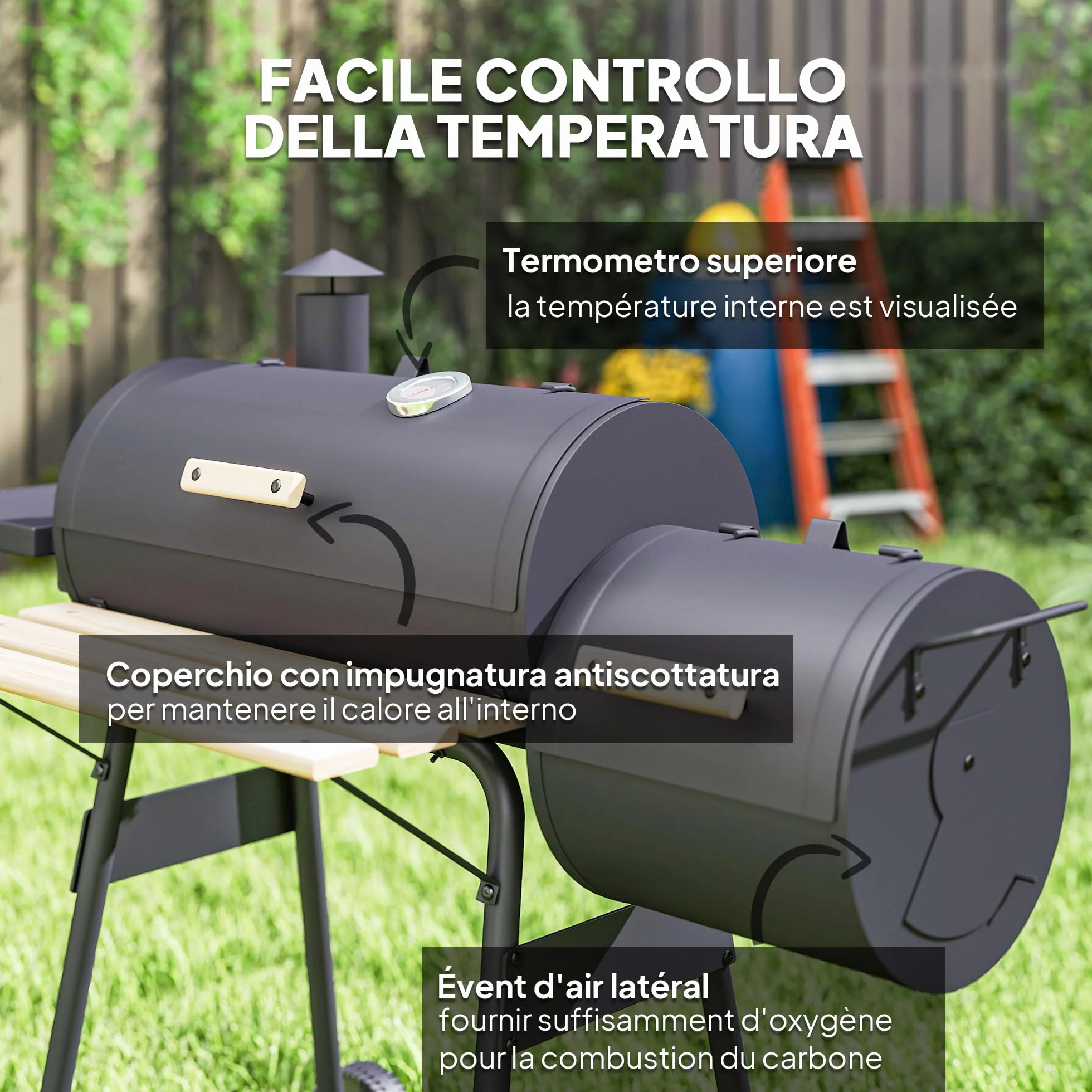 Outsunny Barbecue a Carbone con Coperchio e Affumicatore, BBQ da Giardino 124x53x104 cm Nero