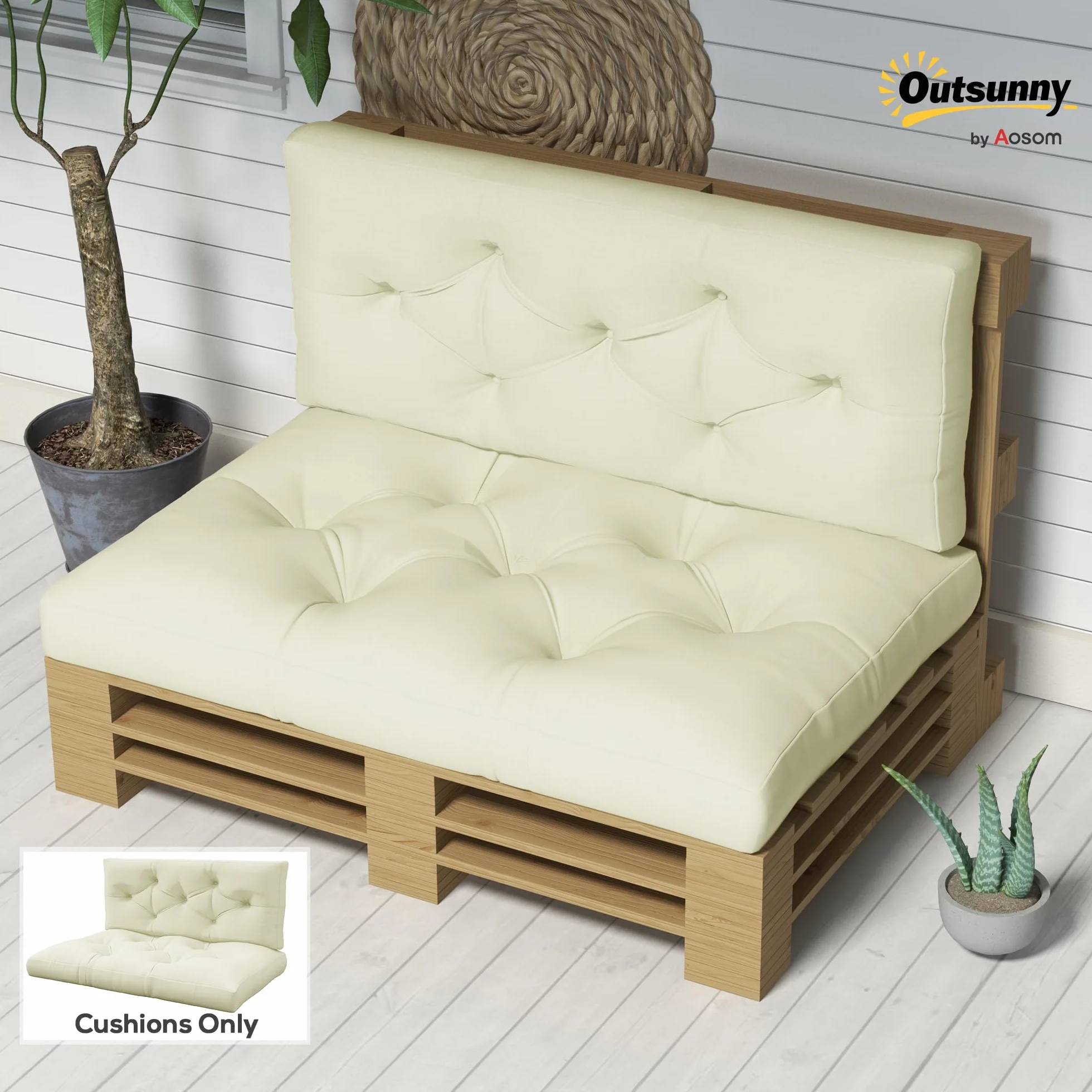 Outsunny Cuscini da Giardino Set 2 Pezzi per Schienale e Seduta con Imbottitura Spessa, Cuscini da Esterno in Poliestere per Divani e Pallet, Crema